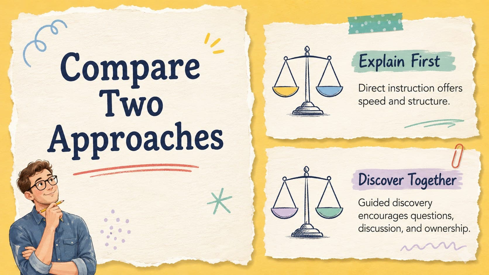 Editable yellow school presentation slide comparing two approaches with contrasting paper columns.