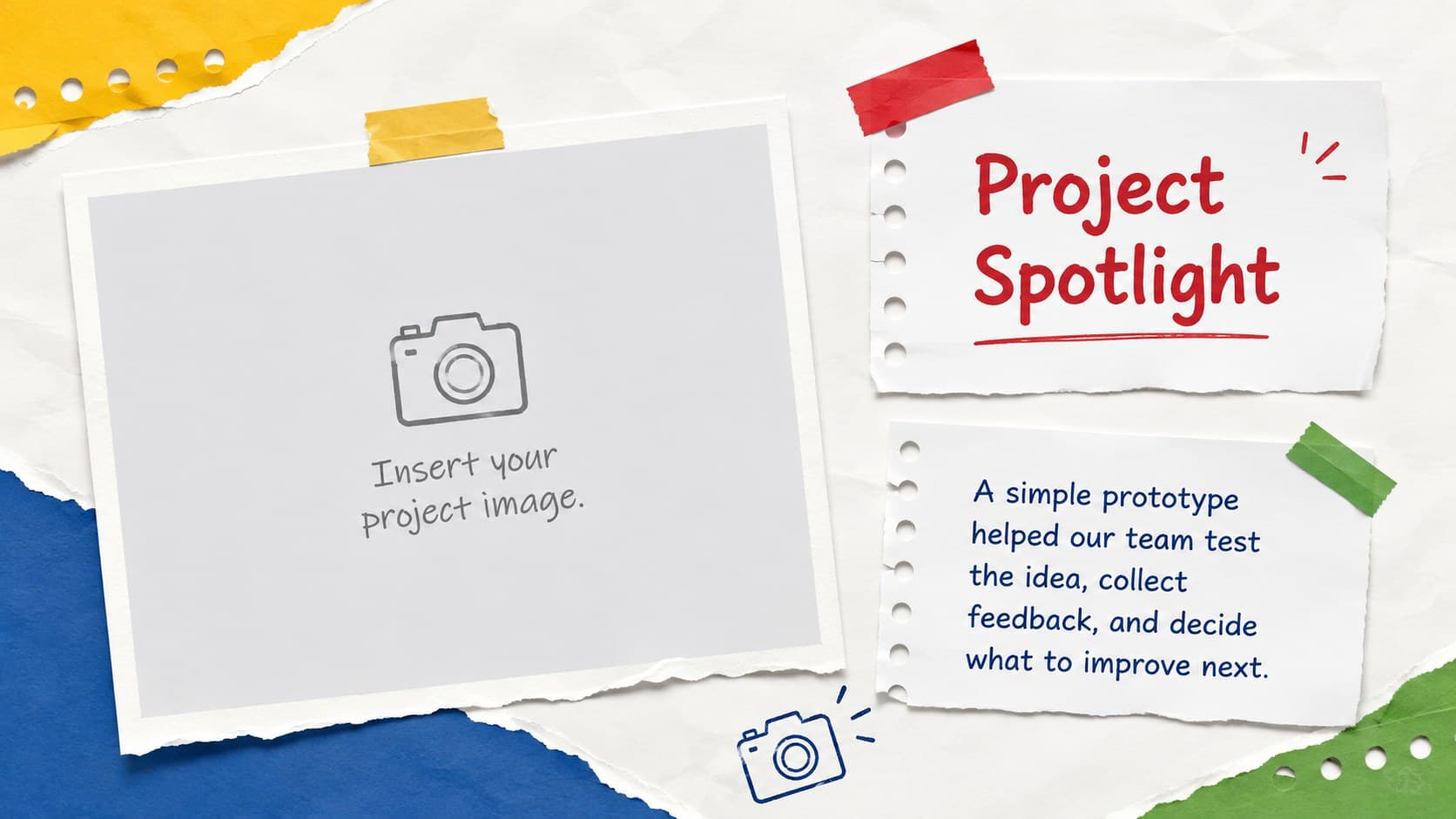 Bright student project slide template featuring a large photo area and a concise project story.