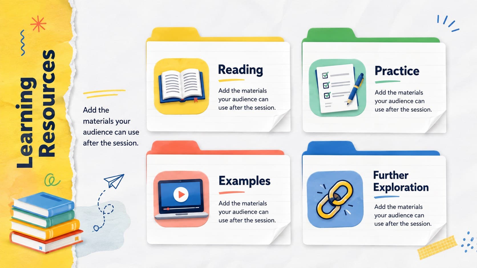 Colorful teaching presentation slide organizing useful resources into four paper folders.
