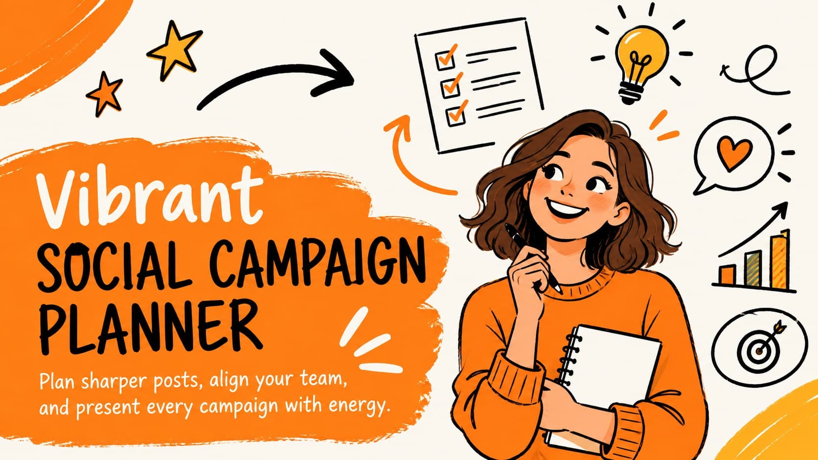Cover of a vibrant social campaign planner with orange doodles and bold campaign typography.