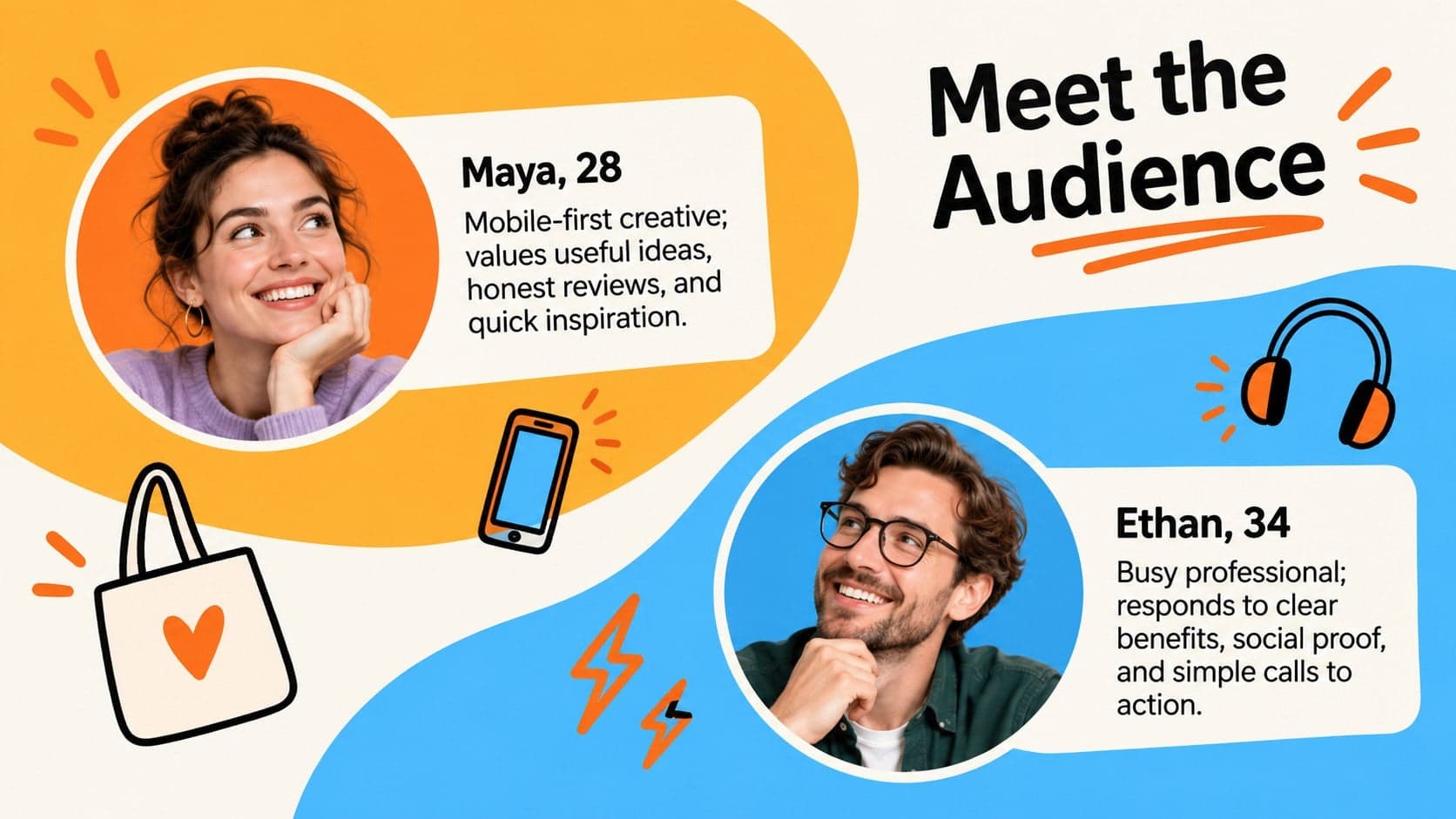 Audience persona presentation for marketers featuring two illustrated customer profiles.