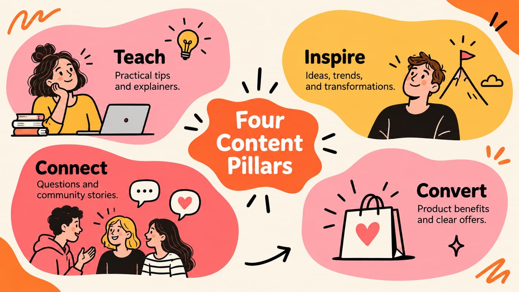 Orange doodle marketing deck slide organizing four social content pillars.