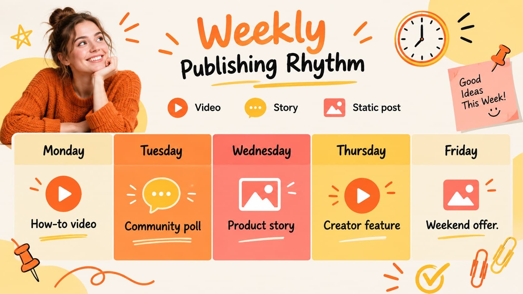 Content calendar presentation template displaying a colorful weekly publishing schedule.