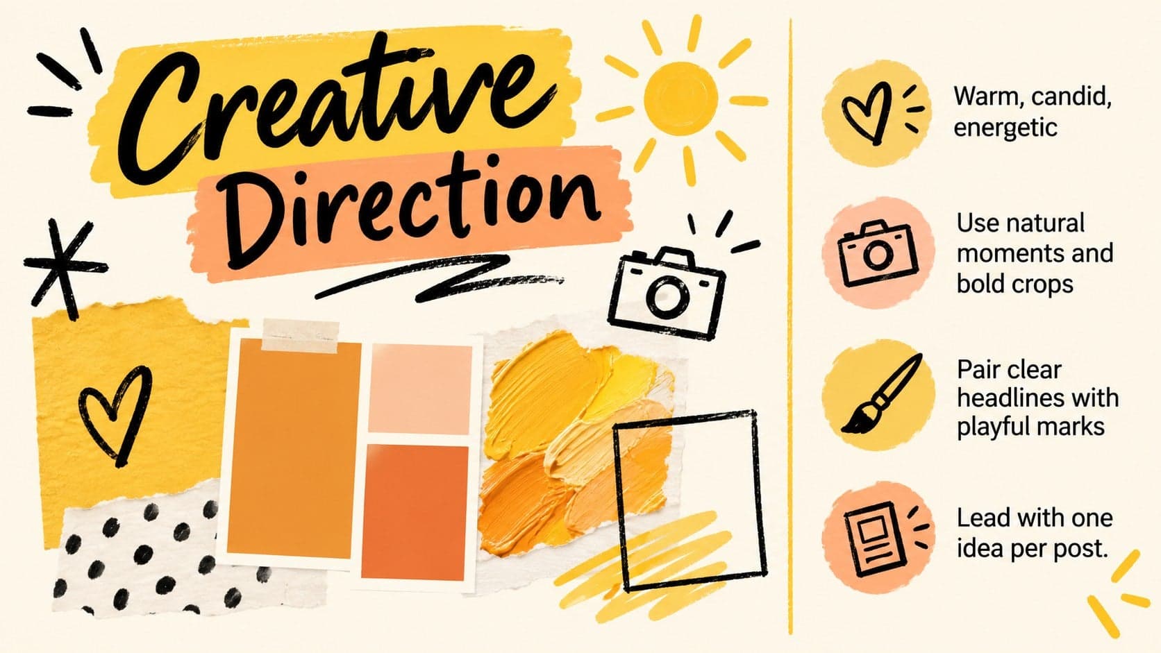 Creative direction slide presenting a warm orange campaign mood and visual principles.
