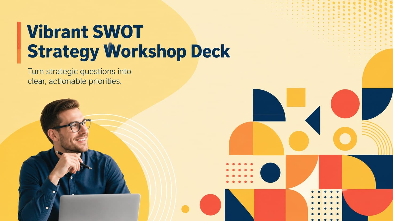 Cover of the Vibrant SWOT Strategy Workshop Deck with bold yellow geometric accents and modern business typography.
