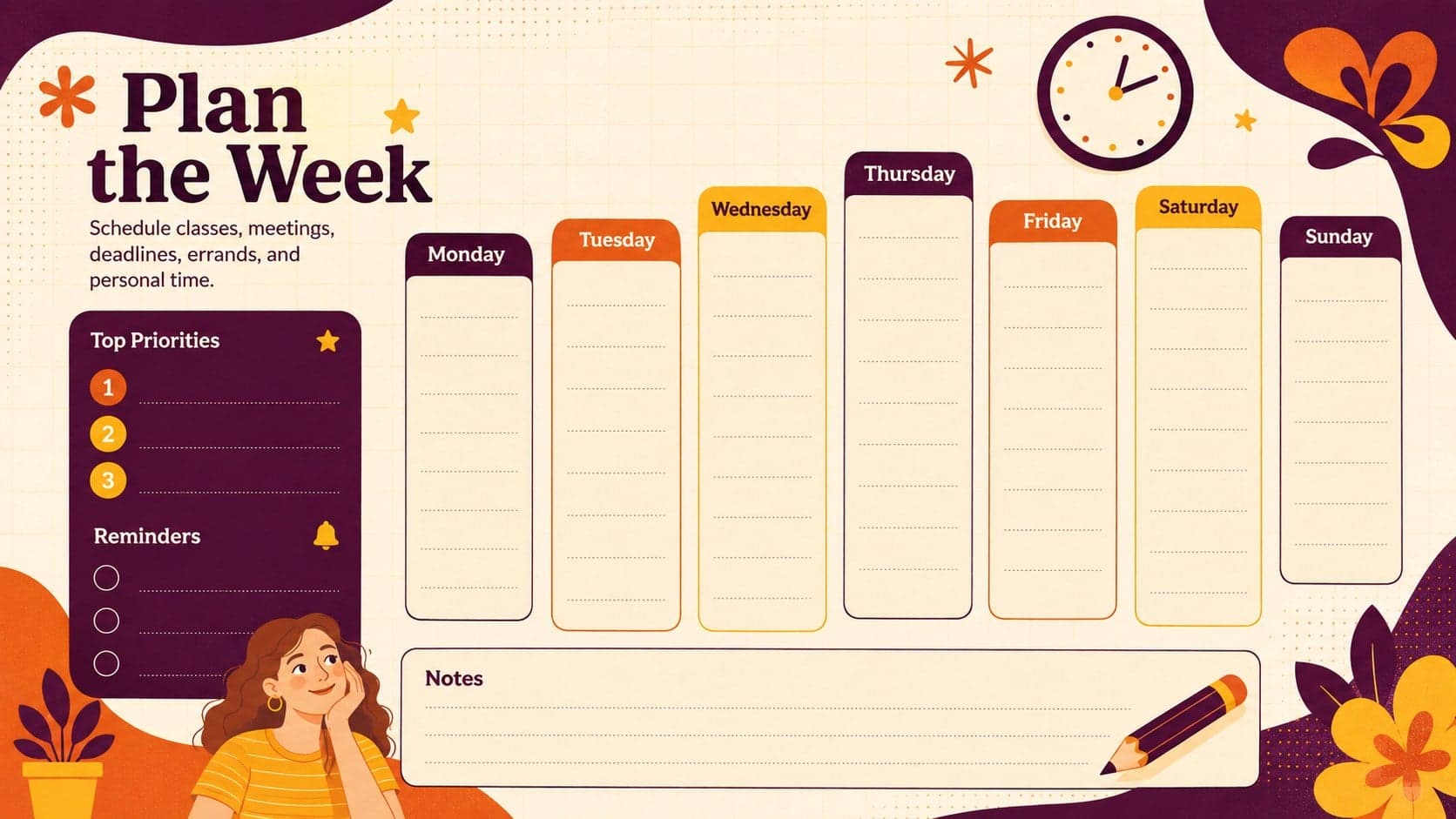 Colorful weekly timetable spreadsheet with daily planning columns, priorities, reminders, and notes.