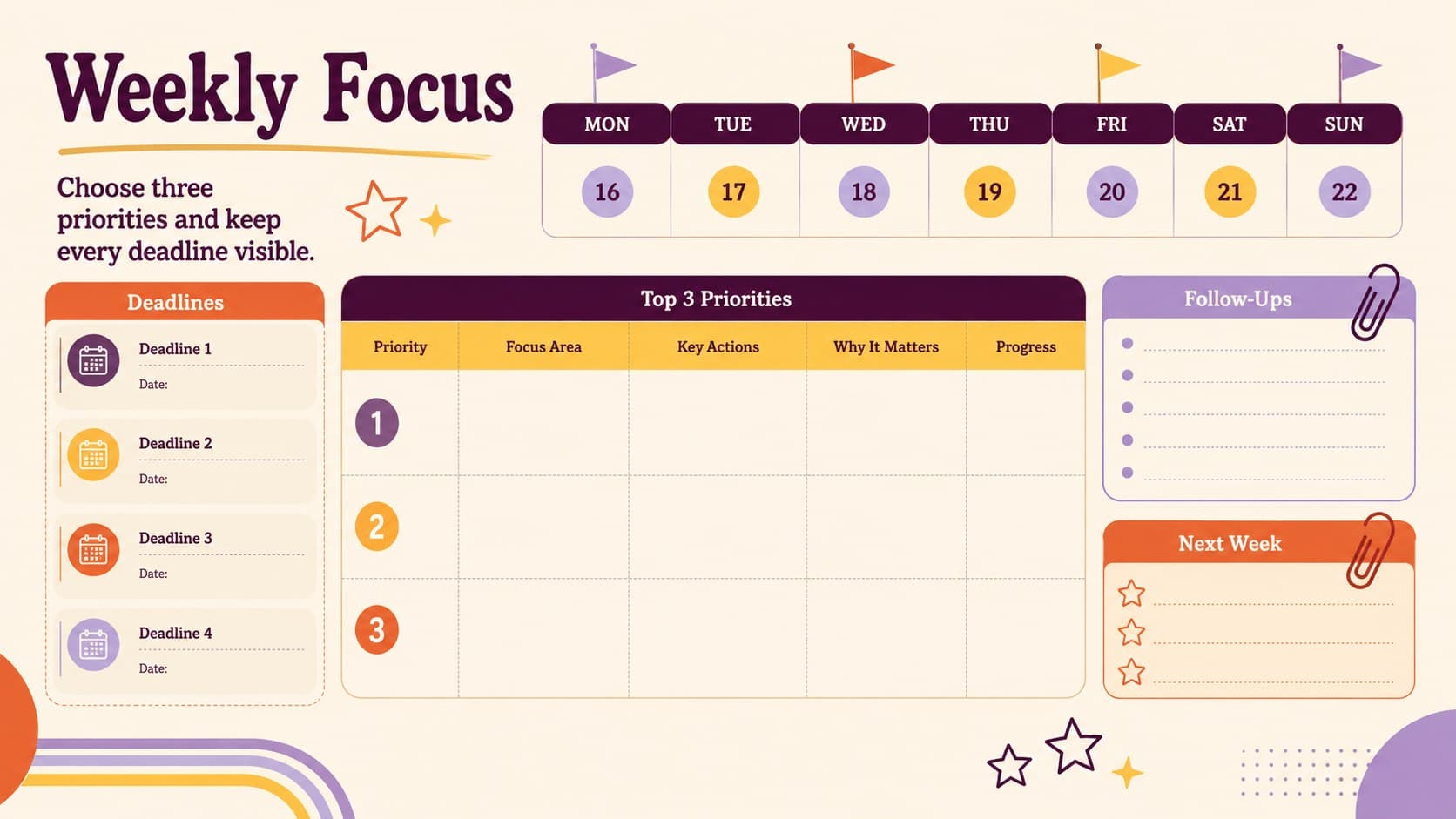 Weekly focus worksheet with priority tasks, deadlines, reminders, and a compact schedule overview.