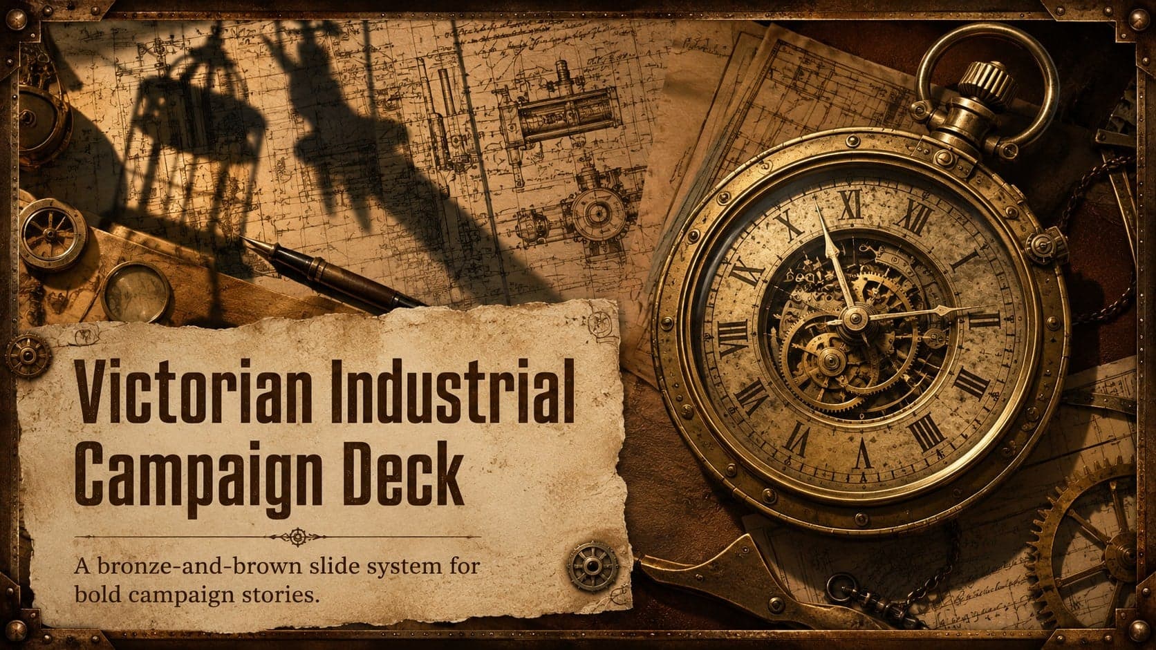 Cover of a Victorian industrial campaign deck with bronze machinery, aged paper, and an elegant campaign title.