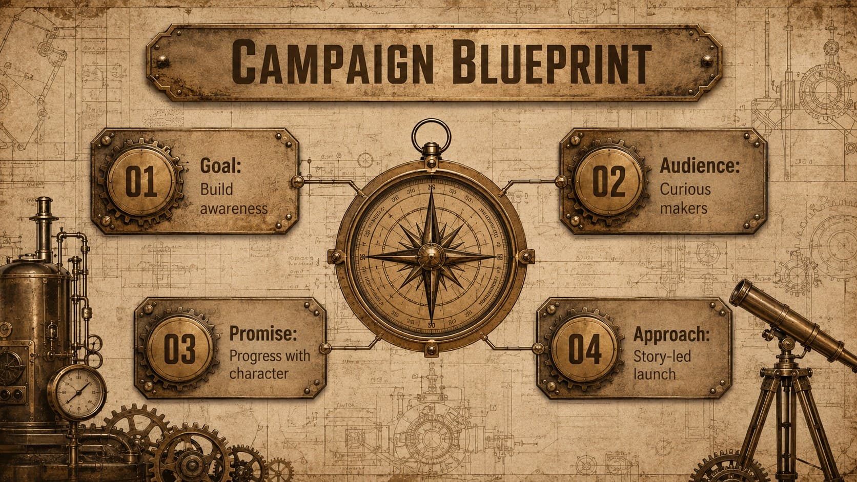 Steampunk campaign blueprint slide outlining goals, audience, promise, and launch approach.