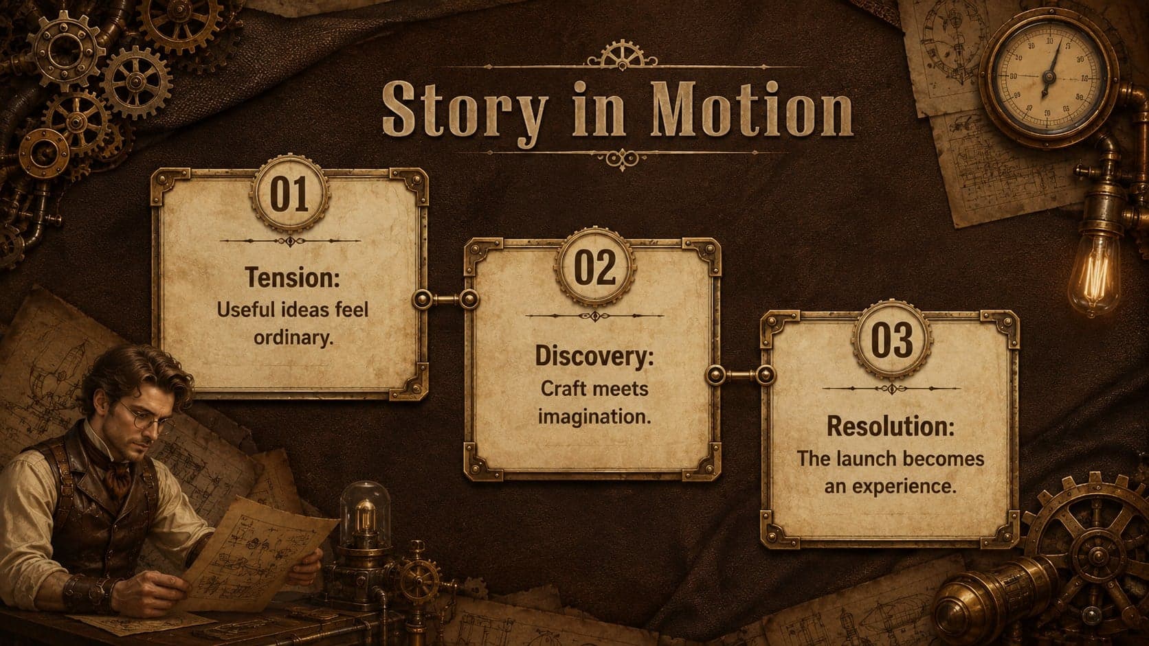 Retrofuturist brand strategy slide presenting a campaign story through three connected stages.