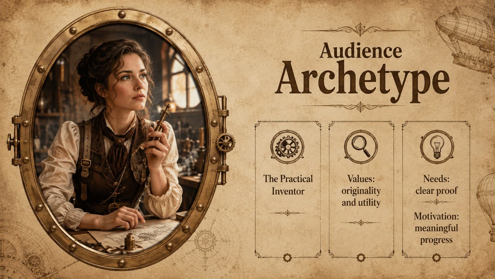 Industrial vintage campaign slide profiling a primary audience of inventive professionals.