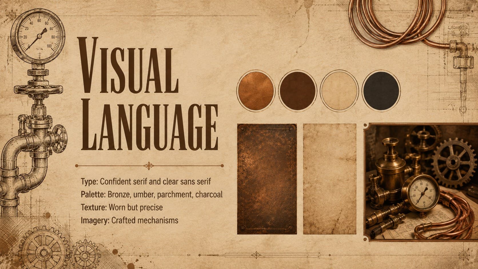 Bronze and brown marketing deck slide defining typography, colors, textures, and imagery.