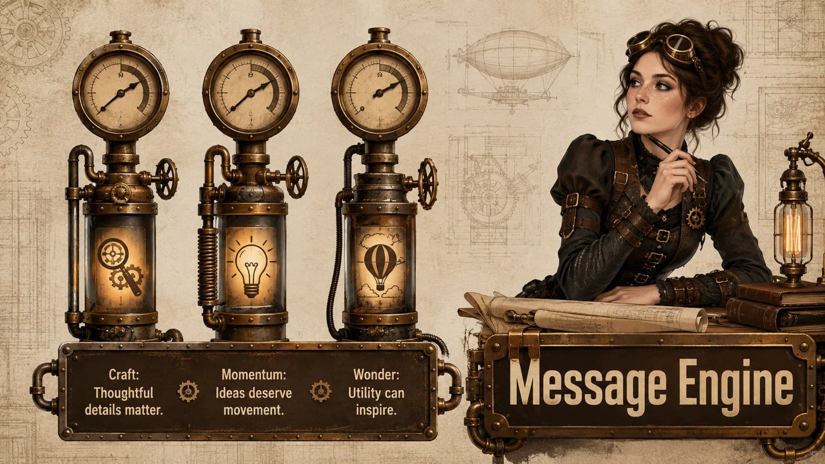 Mechanical brand storytelling template slide with three campaign message pillars.