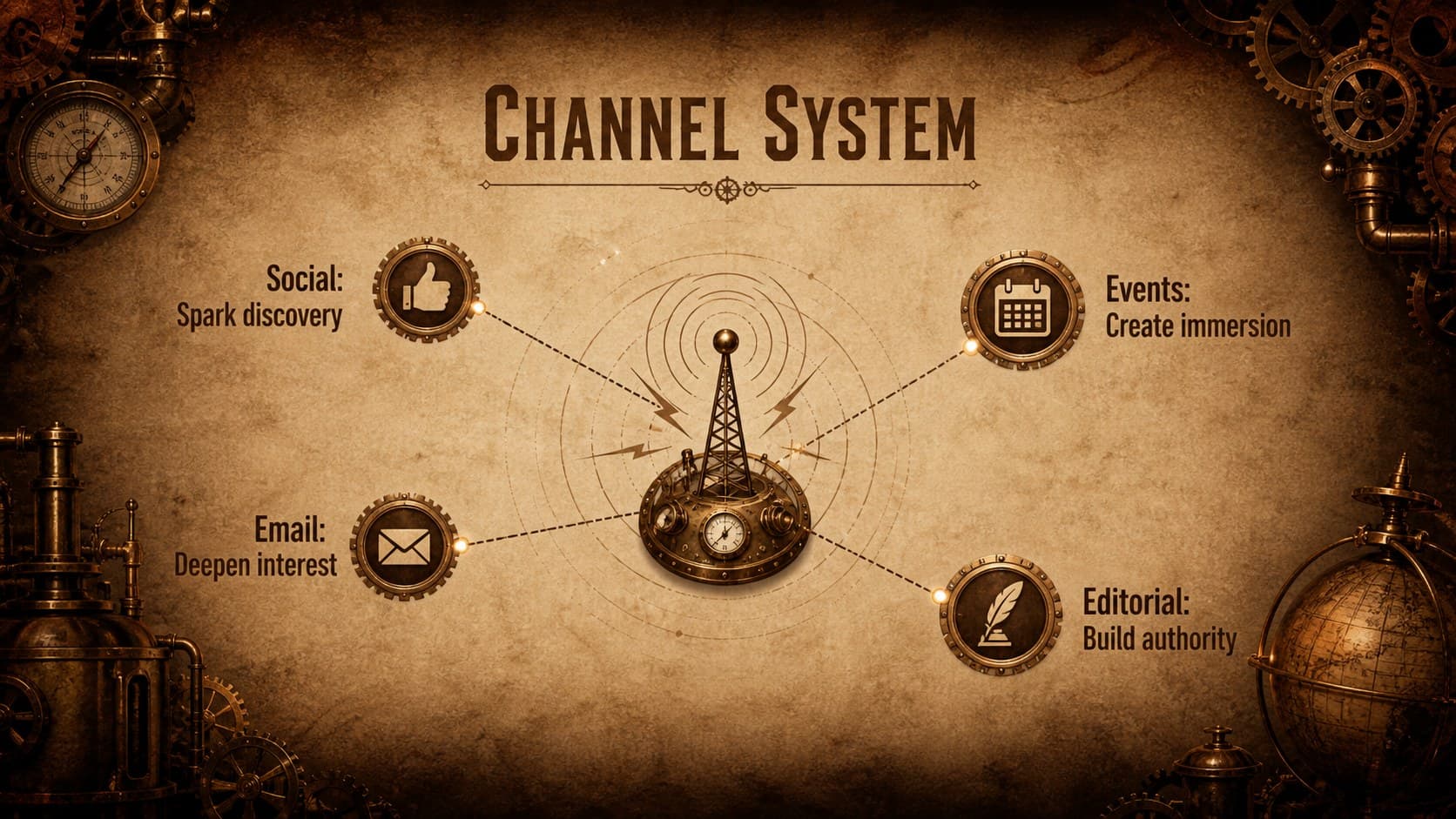 Gear themed product launch deck slide mapping social, email, events, and editorial channels.