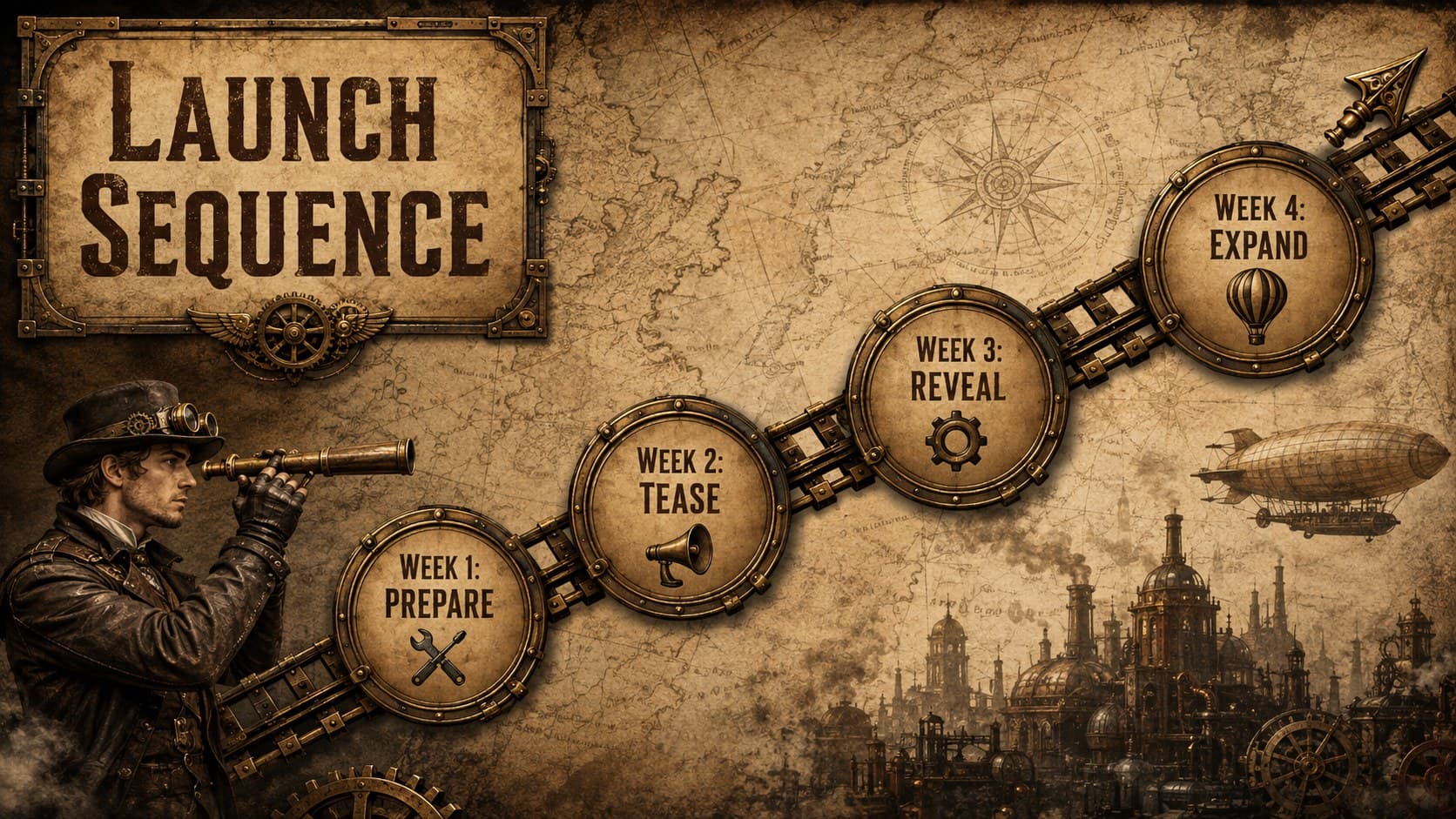 Victorian industrial campaign deck timeline showing preparation, reveal, release, and expansion.