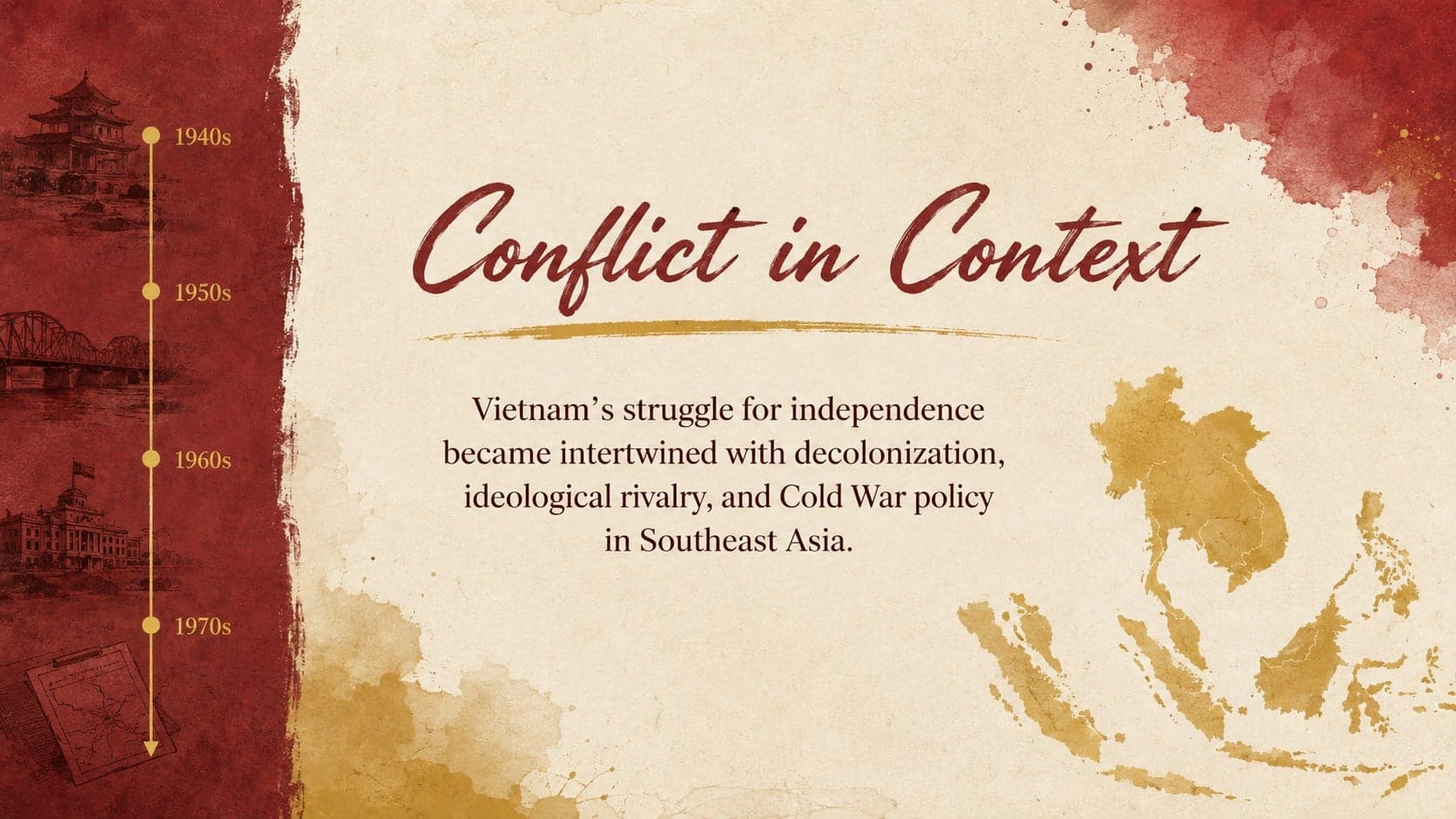 Historical context slide explaining Vietnam, decolonization, and Cold War tensions in Southeast Asia.