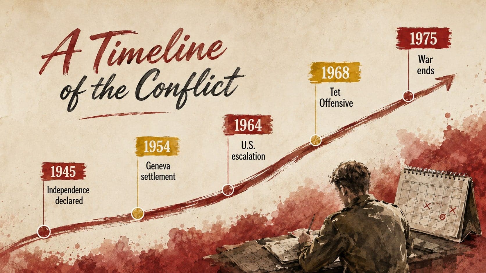 Vietnam War timeline for students showing major developments from 1945 through 1975.