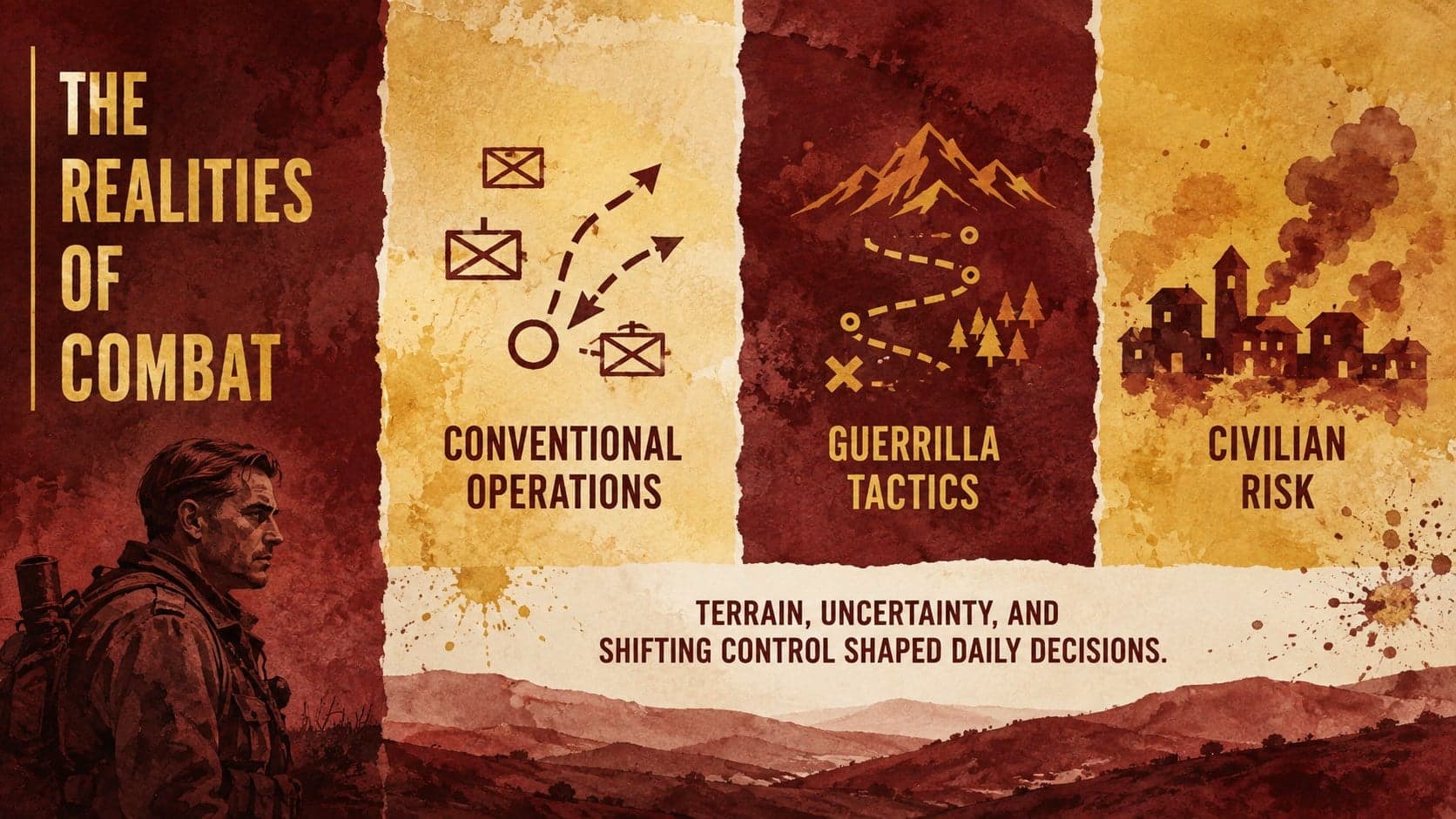 Combat realities history slide contrasting conventional operations, guerrilla tactics, and civilian risk.