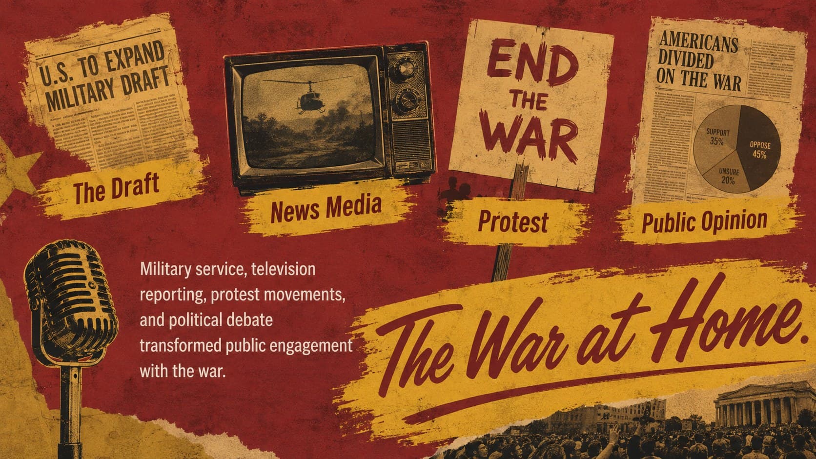 American home front slide about protest, military service, journalism, and public debate during the Vietnam War.