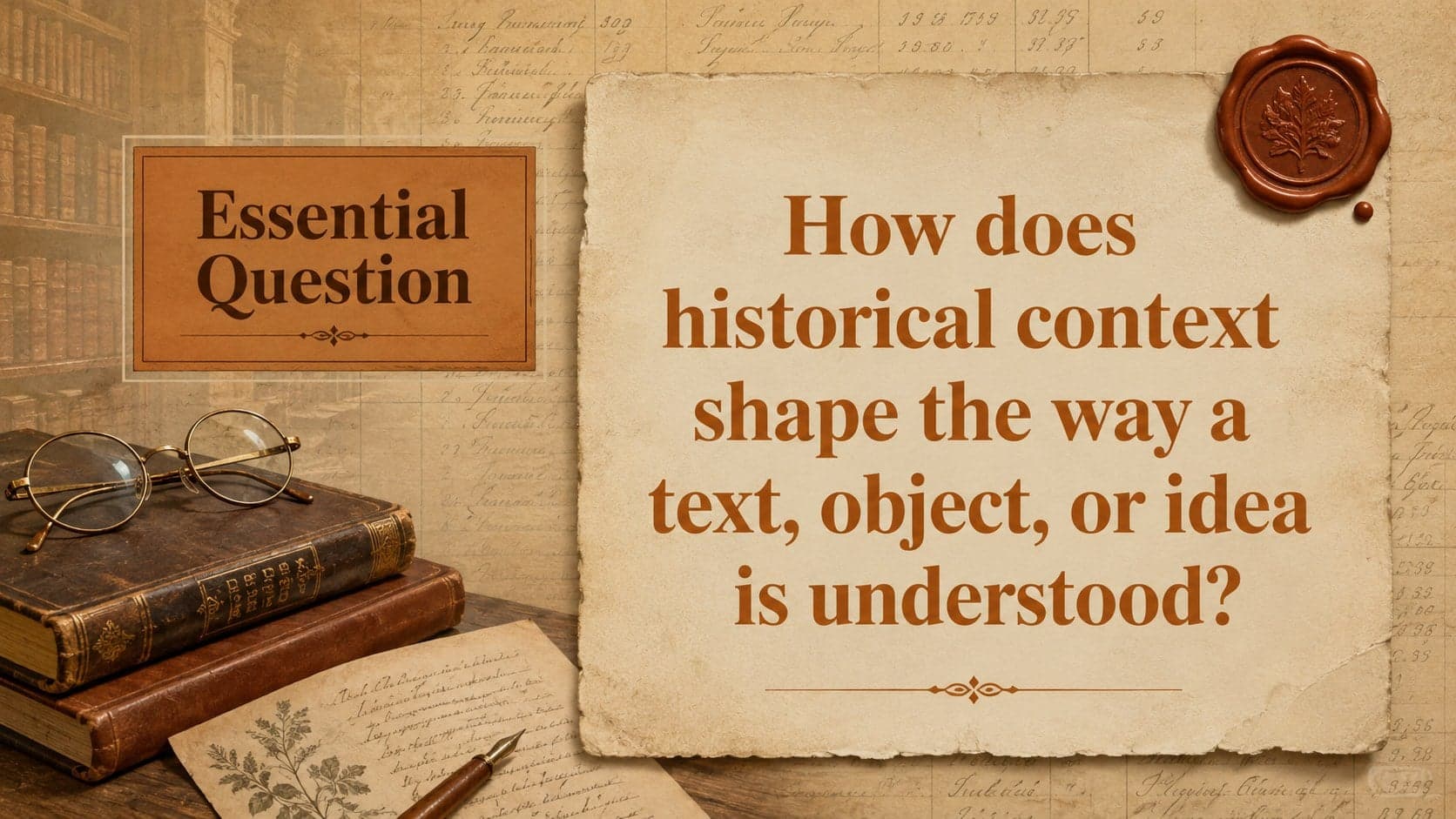 Essential question slide from a vintage academia lesson deck with a prominent inquiry prompt and bookish details.