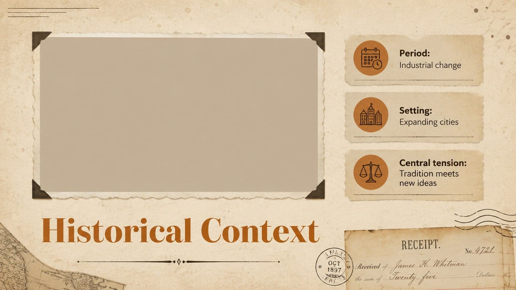 Historical context presentation slide featuring an archival image area and three concise background notes.