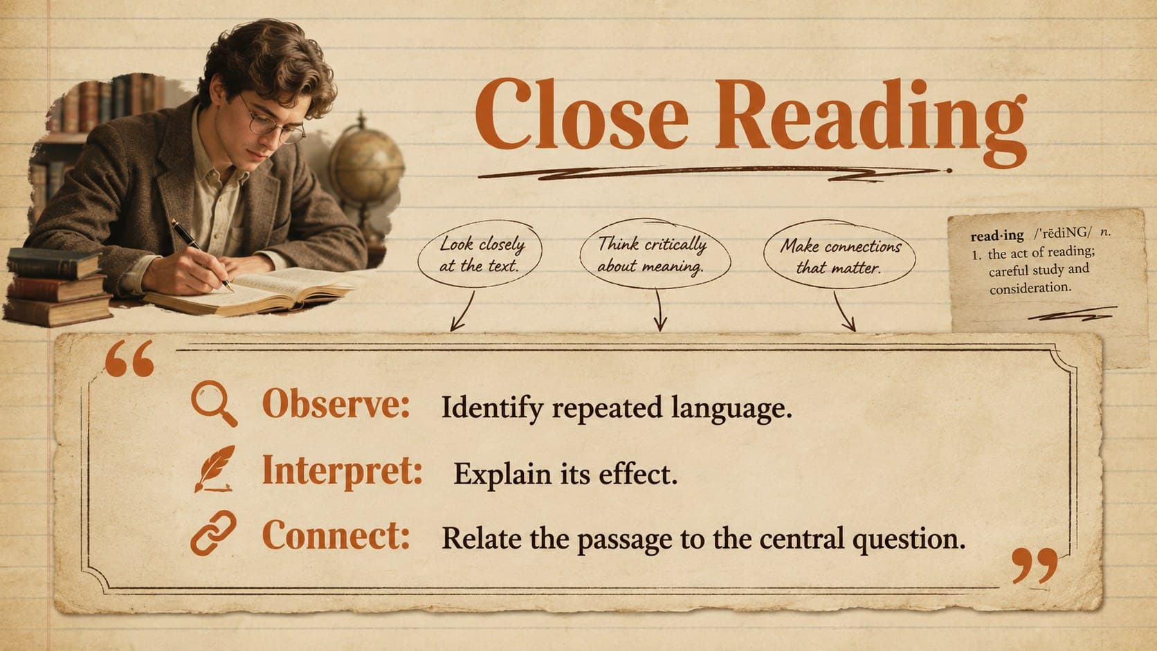 Close reading lesson slide showing an annotated quotation in a scholarly vintage paper composition.