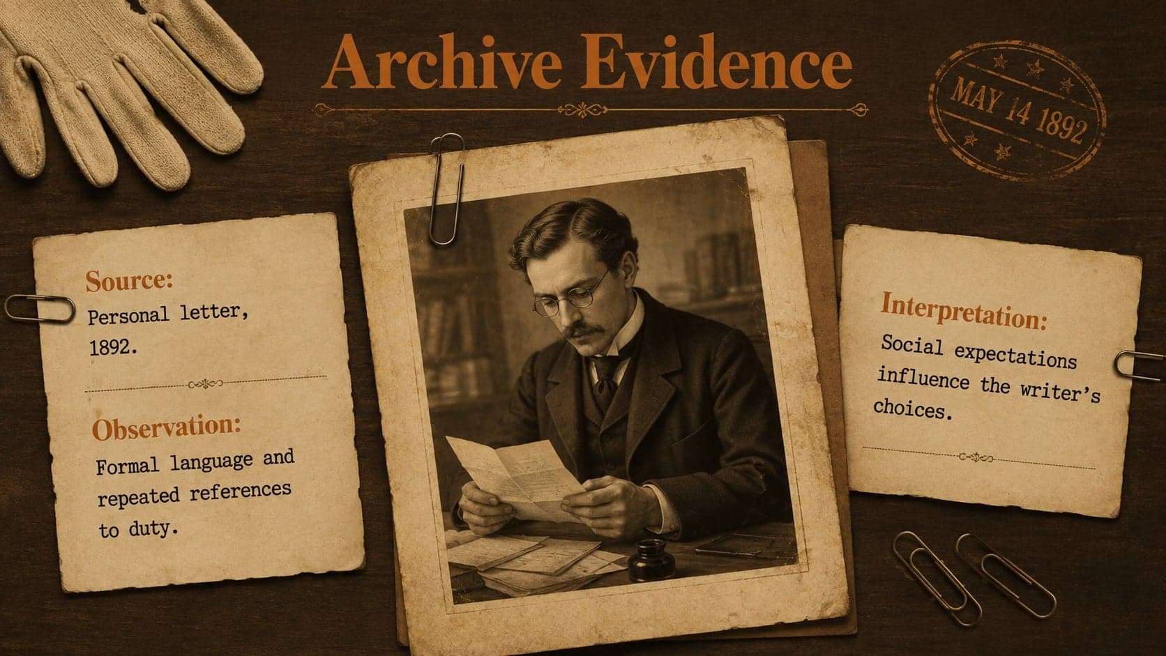 Primary source analysis slide with evidence, observation, and interpretation sections in an archival classroom style.