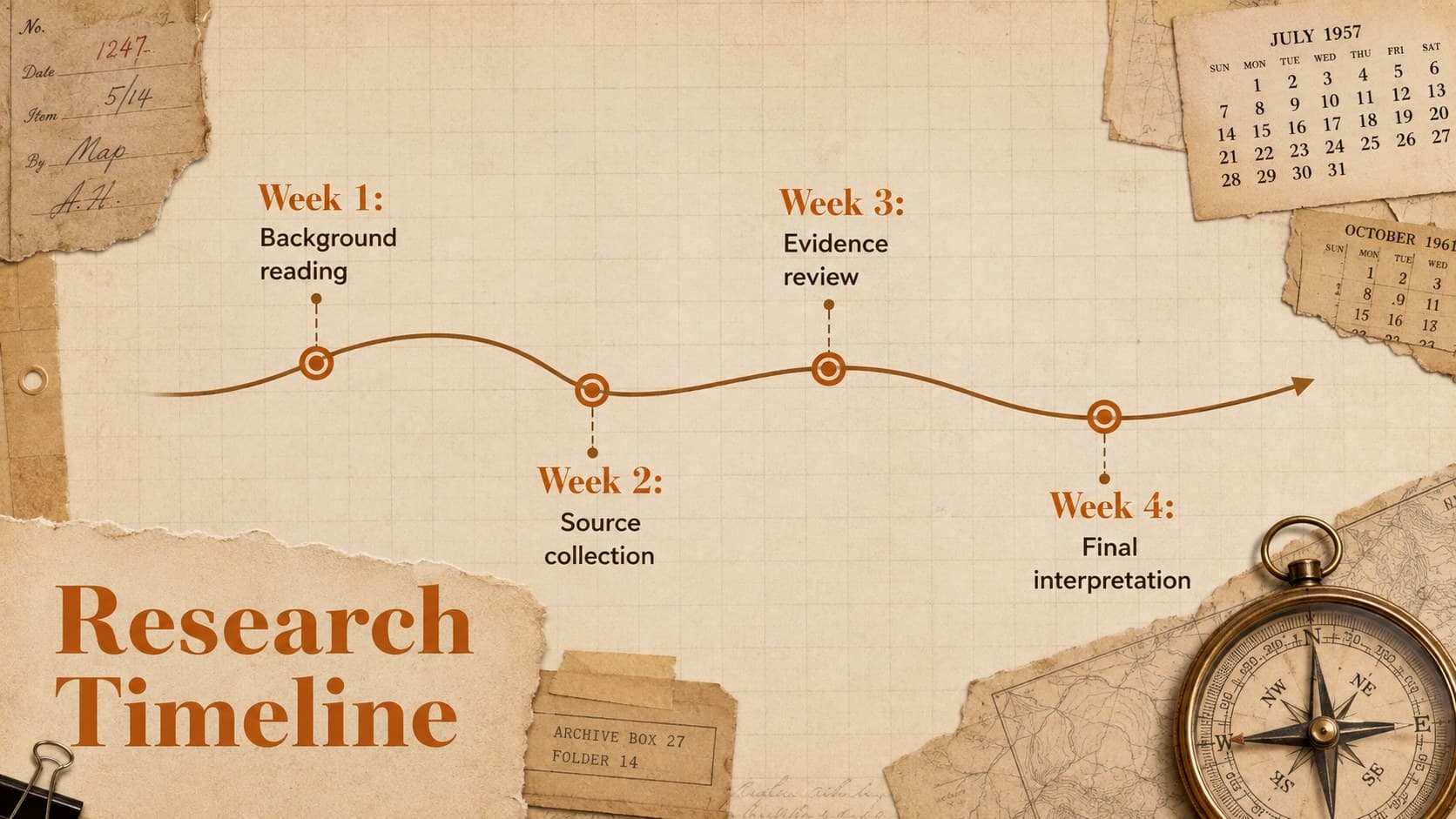 Vintage research timeline slide tracing four stages from background reading to final interpretation.