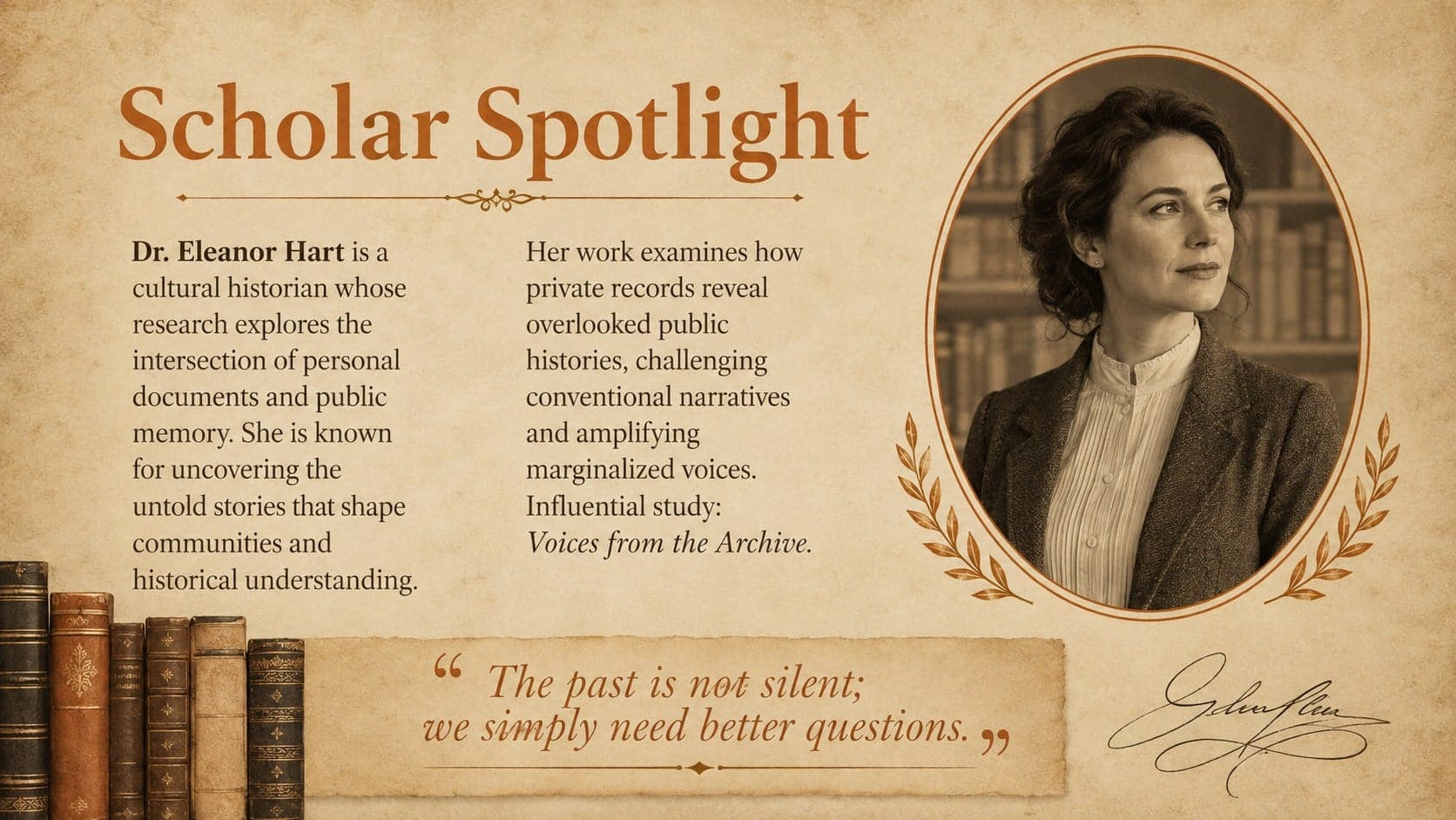 Scholar spotlight profile slide with space for an original portrait, biography, and influential work.