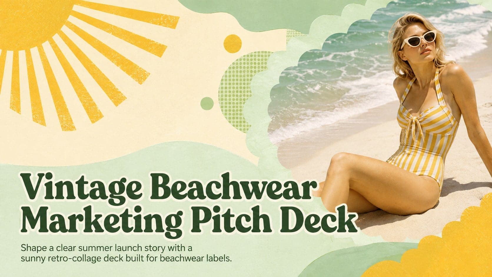 Cover of a vintage beachwear marketing pitch deck with sunny yellow and light green retro collage styling.
