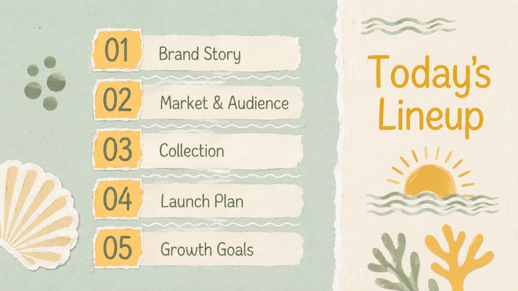 Retro beachwear pitch template agenda outlining strategy, audience, collection, launch, and growth.