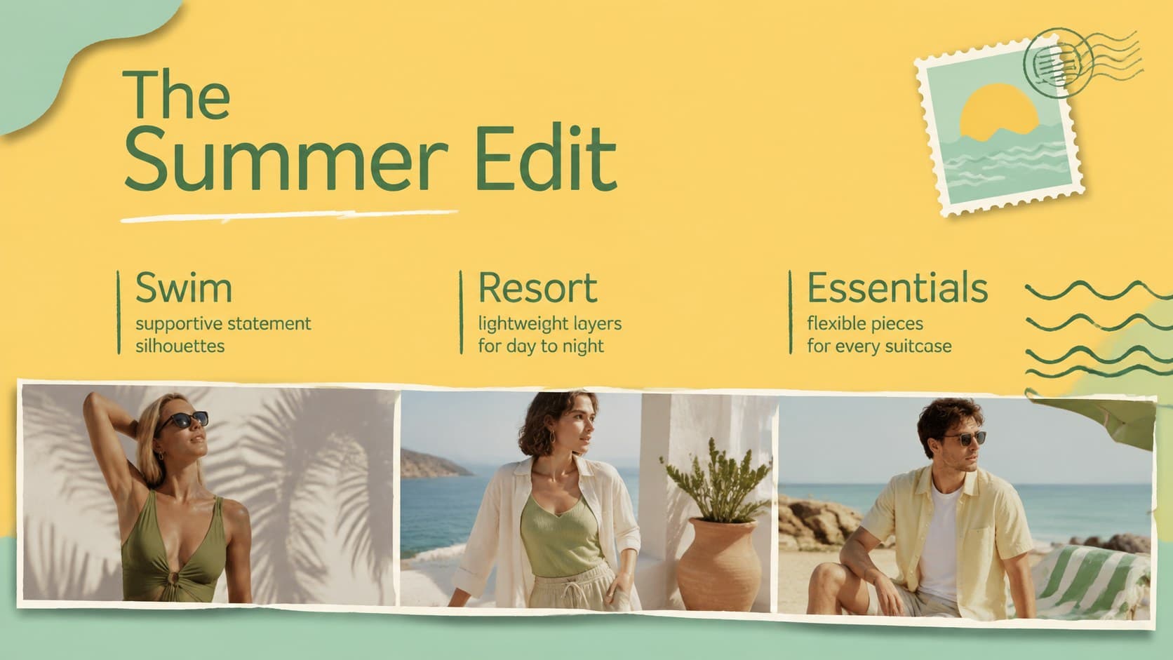 Vintage beachwear collection overview showing swim, resort, and summer essentials product categories.