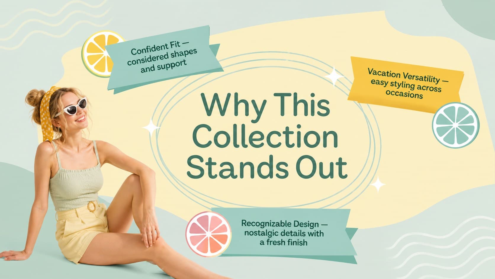 Retro collage beachwear value proposition slide focused on fit, versatility, and memorable design.