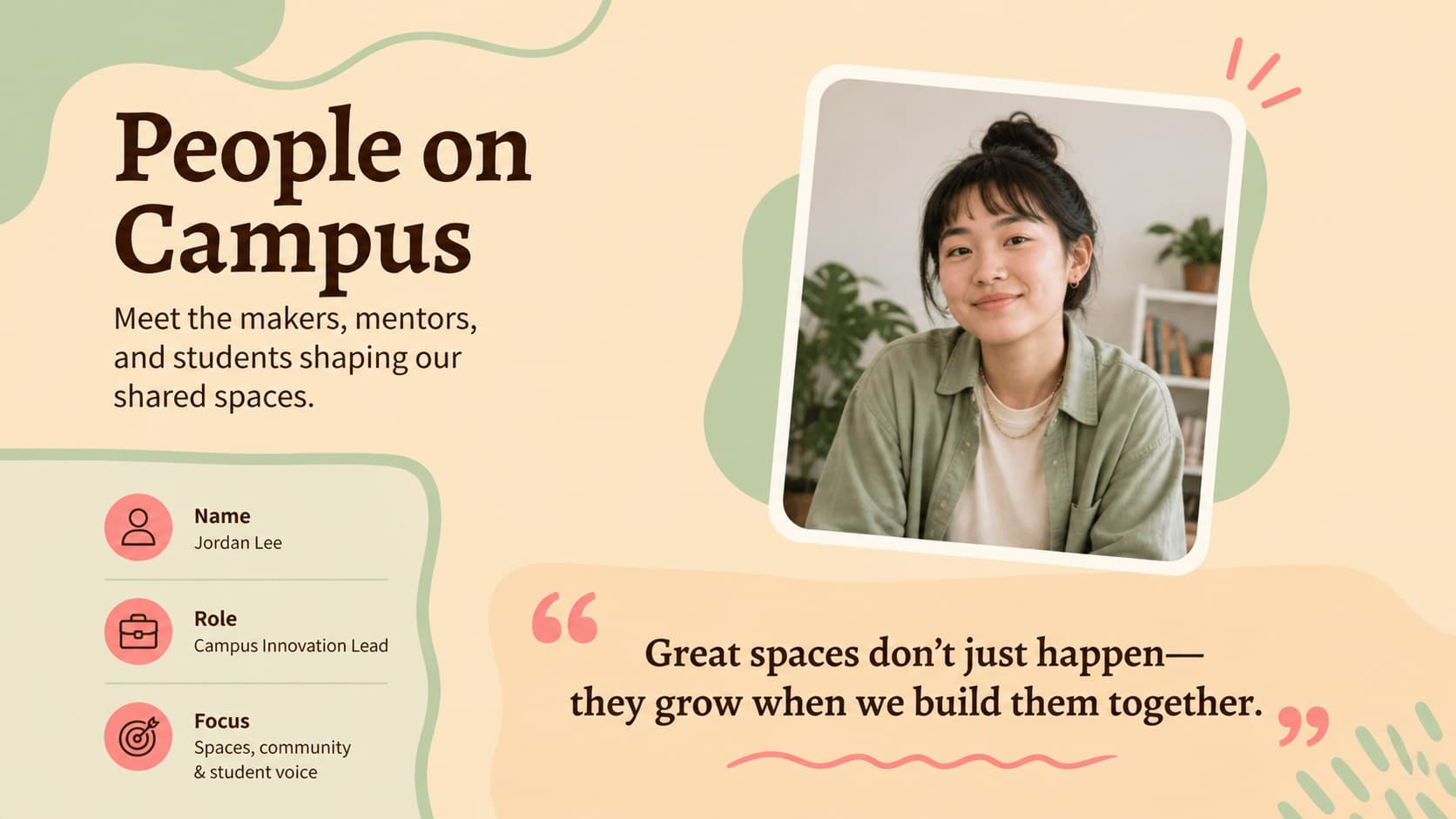 Academic magazine slides template page with a featured profile and portrait frame.