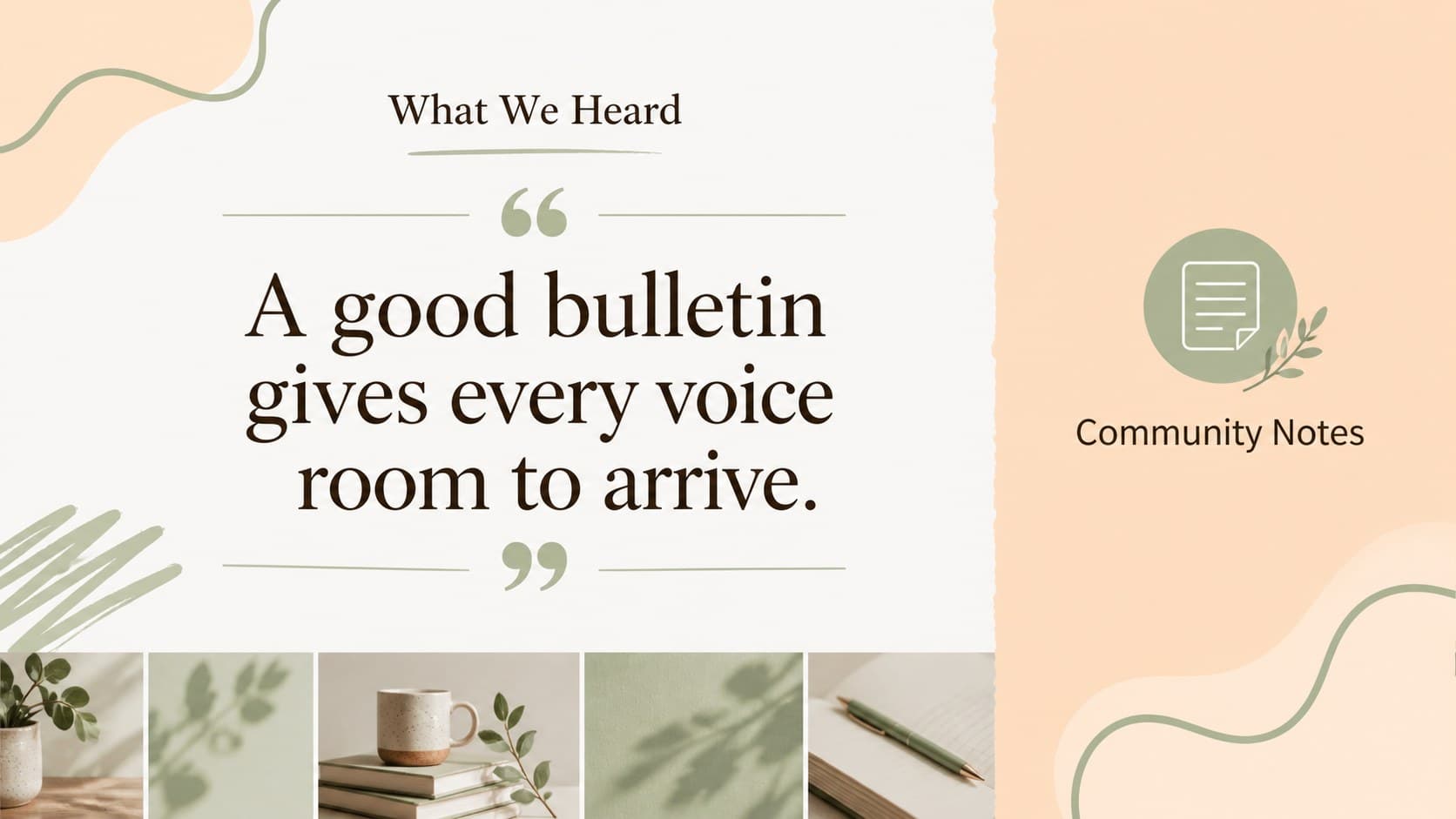 Vintage school bulletin presentation page with a quote, image frame, and community response.