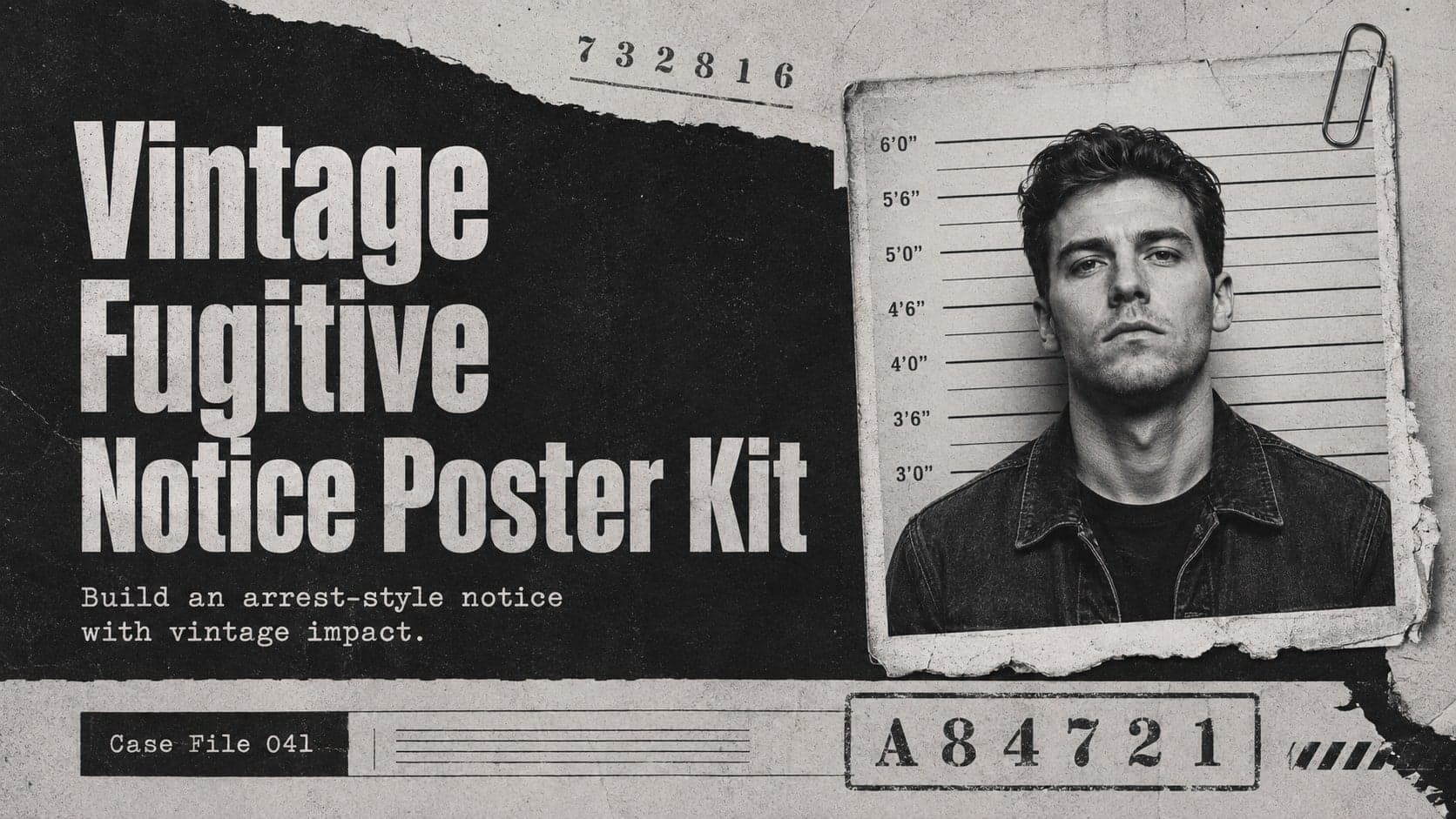 Cover for a vintage fugitive notice poster kit with a monochrome portrait frame, distressed paper, and bold identification typography.