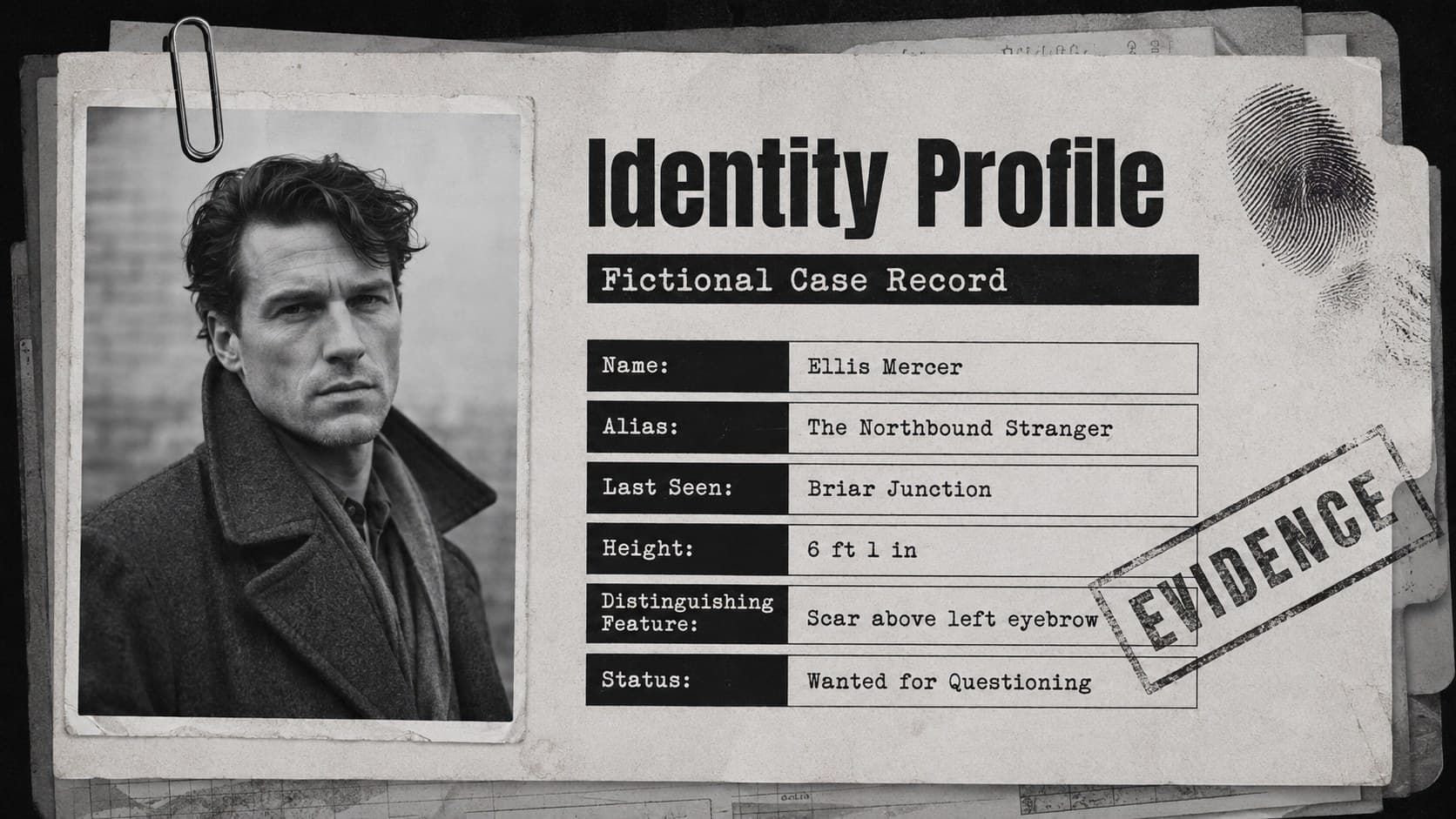 Editable outlaw profile slide featuring a fictional suspect portrait, aliases, identifying details, and a monochrome case-file layout.