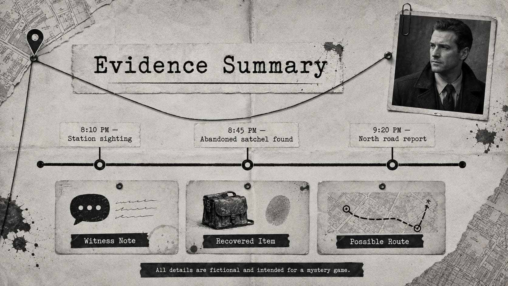Mystery game suspect poster slide with an evidence timeline, location notes, fictional clues, and aged monochrome paper styling.
