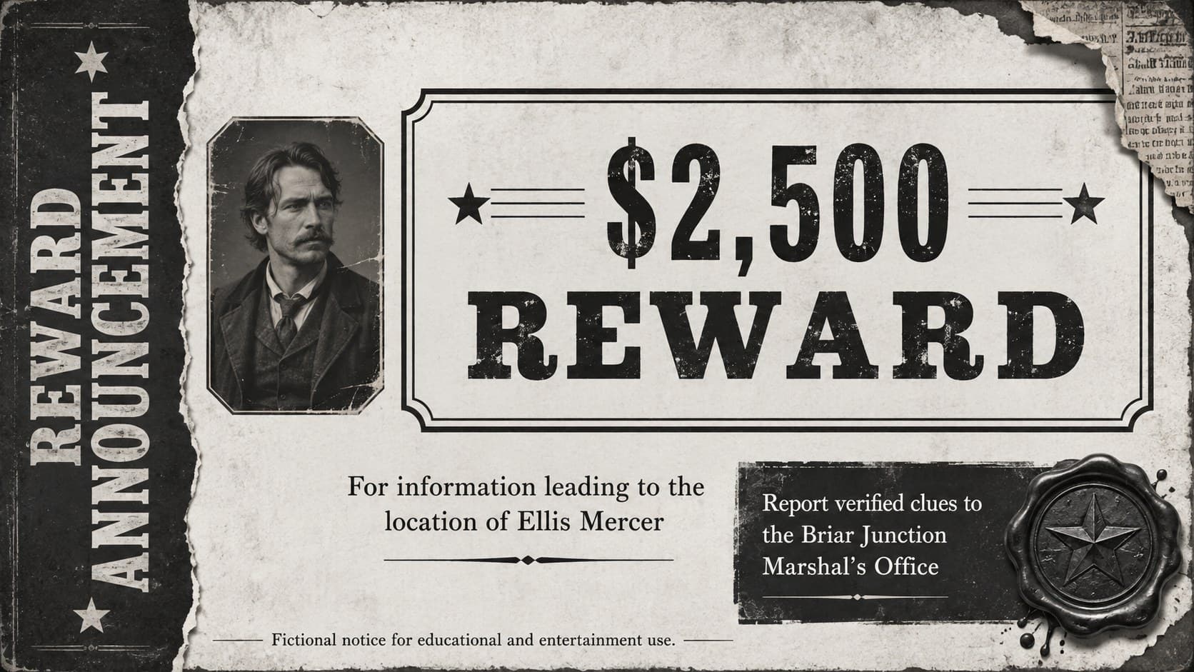 Old newspaper reward flyer slide with a fictional reward amount, response instructions, bold typography, and distressed monochrome details.
