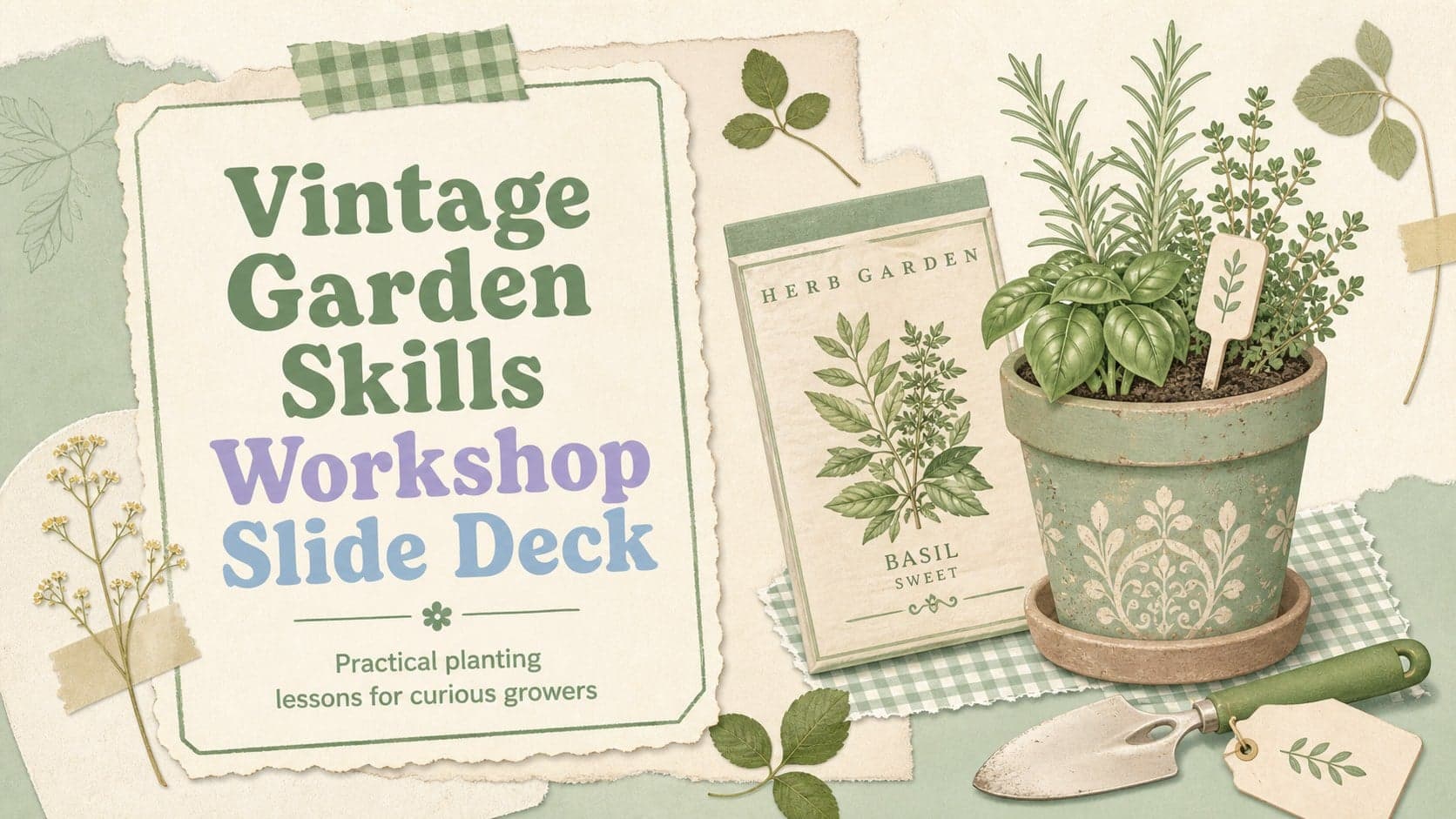 Cover slide for a vintage garden skills workshop with botanical scrapbook artwork and a pastel green palette.