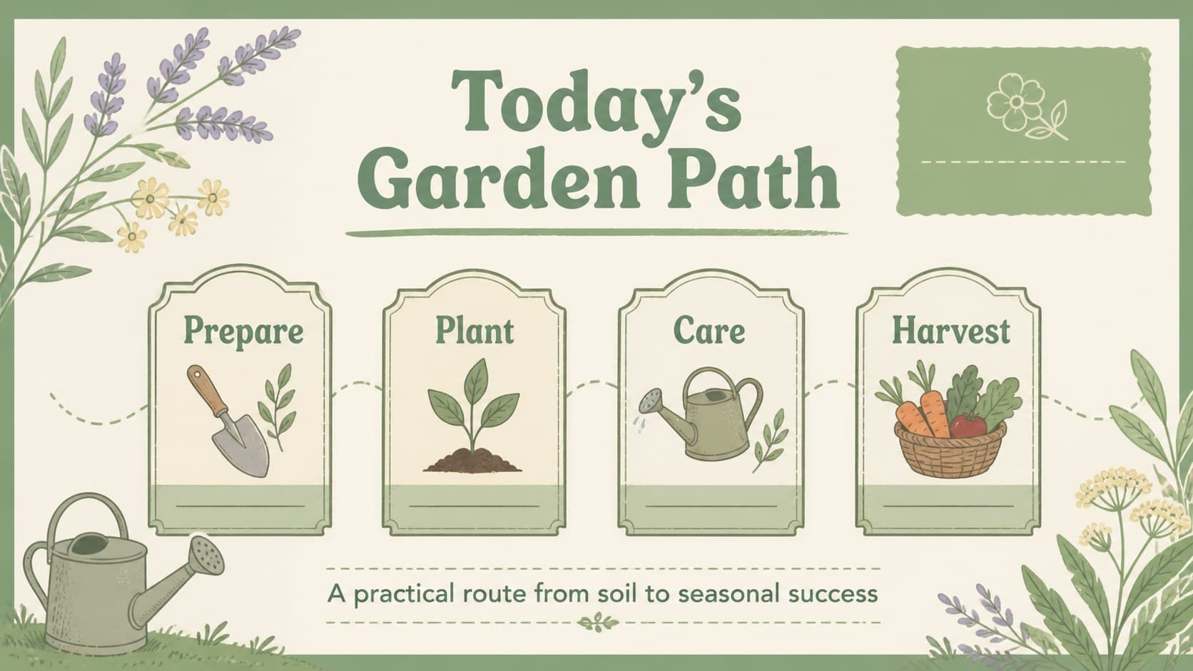 Garden workshop agenda slide showing a seasonal learning path in a vintage scrapbook style.