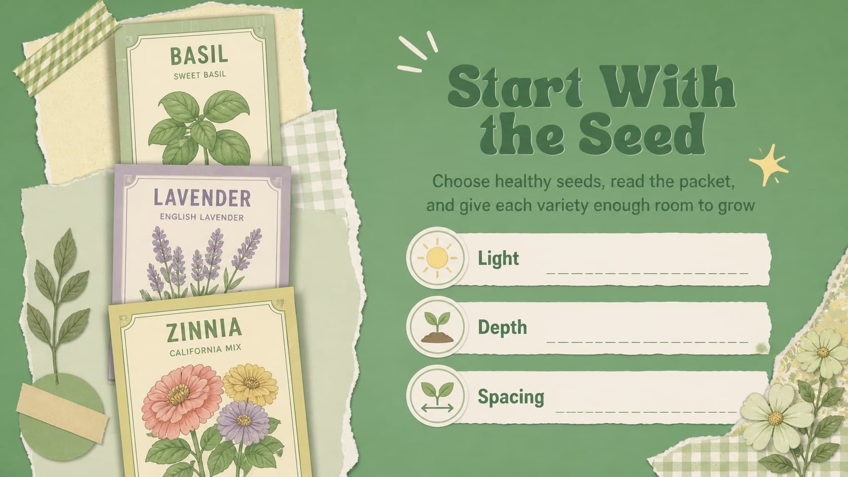 Planting basics slide with illustrated seed packets and concise garden education notes.