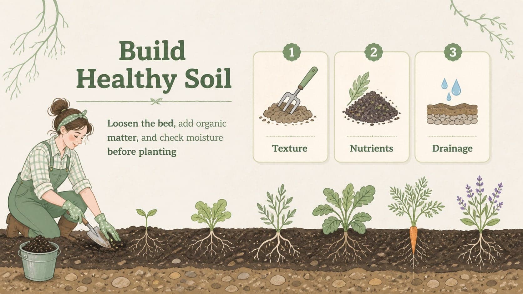 Soil preparation lesson slide featuring a layered soil diagram and vintage garden notes.