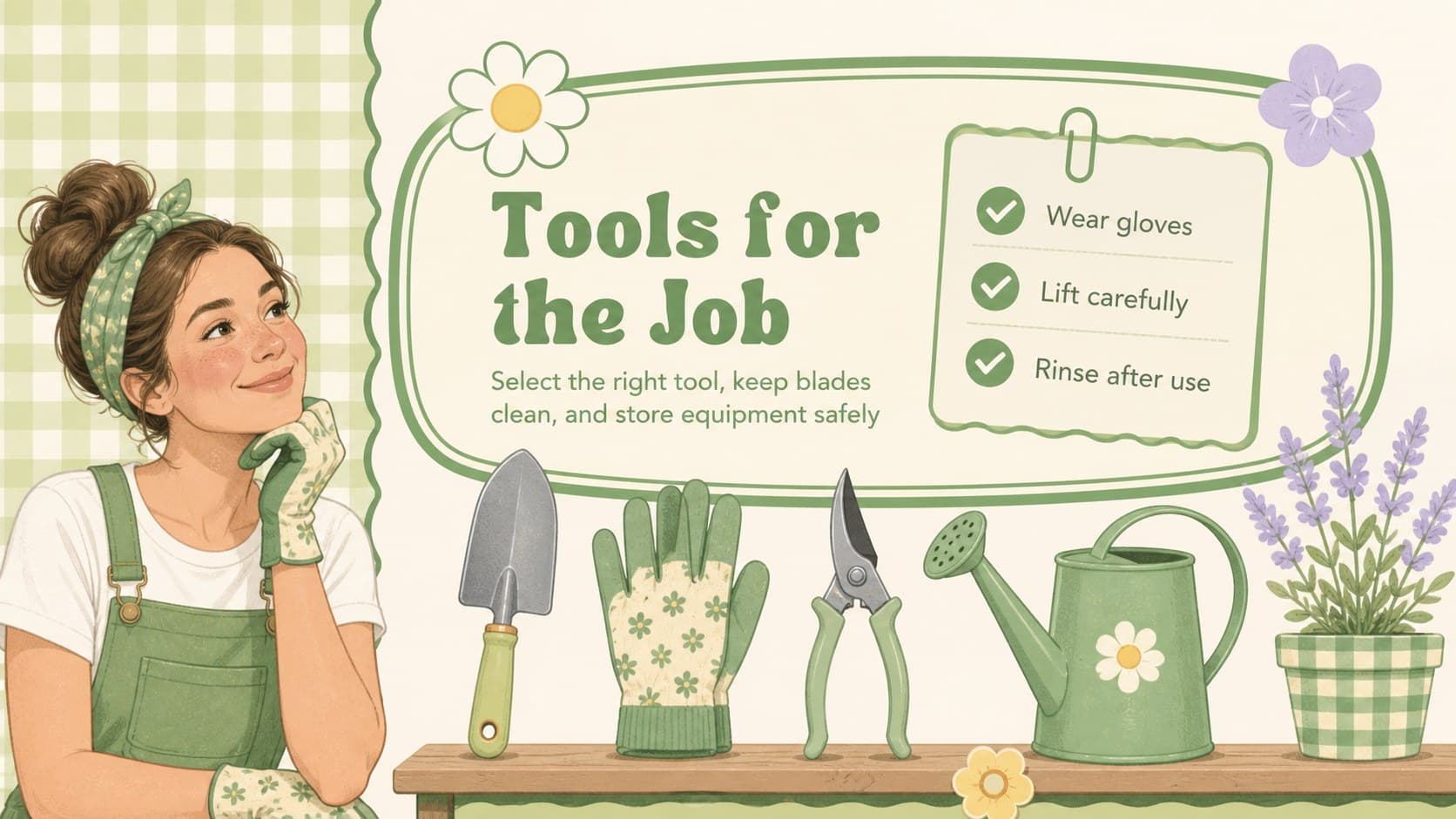 Garden tool safety slide with illustrated hand tools and a practical checklist.