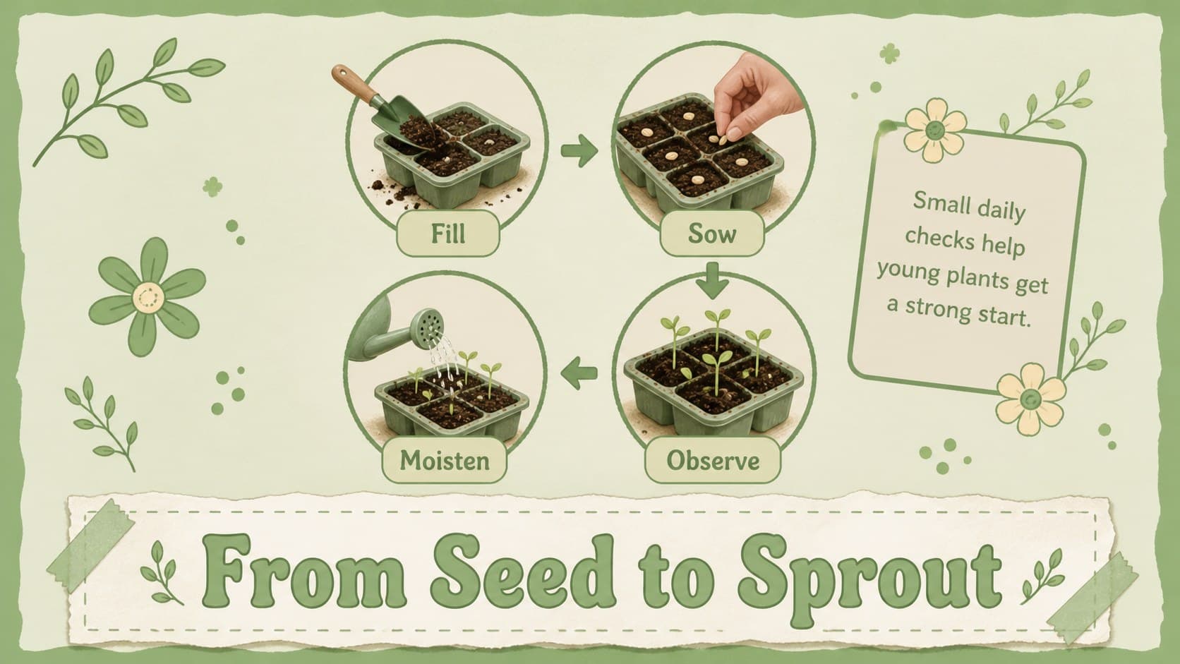Seed-starting process slide showing four illustrated stages for a beginner gardening tutorial.