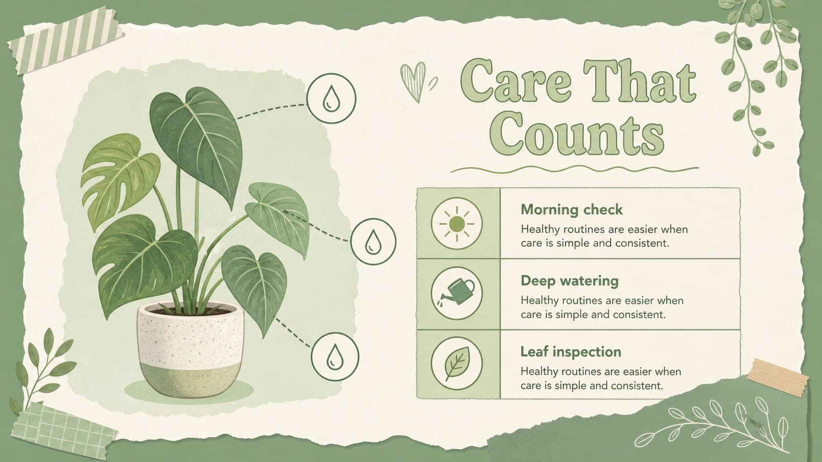 Watering and plant care slide with a botanical illustration and maintenance reminders.