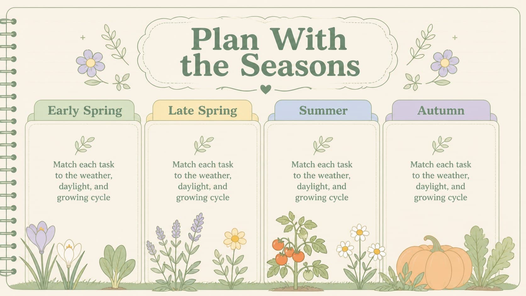 Seasonal garden planning slide with a four-part planting timeline in pastel green.