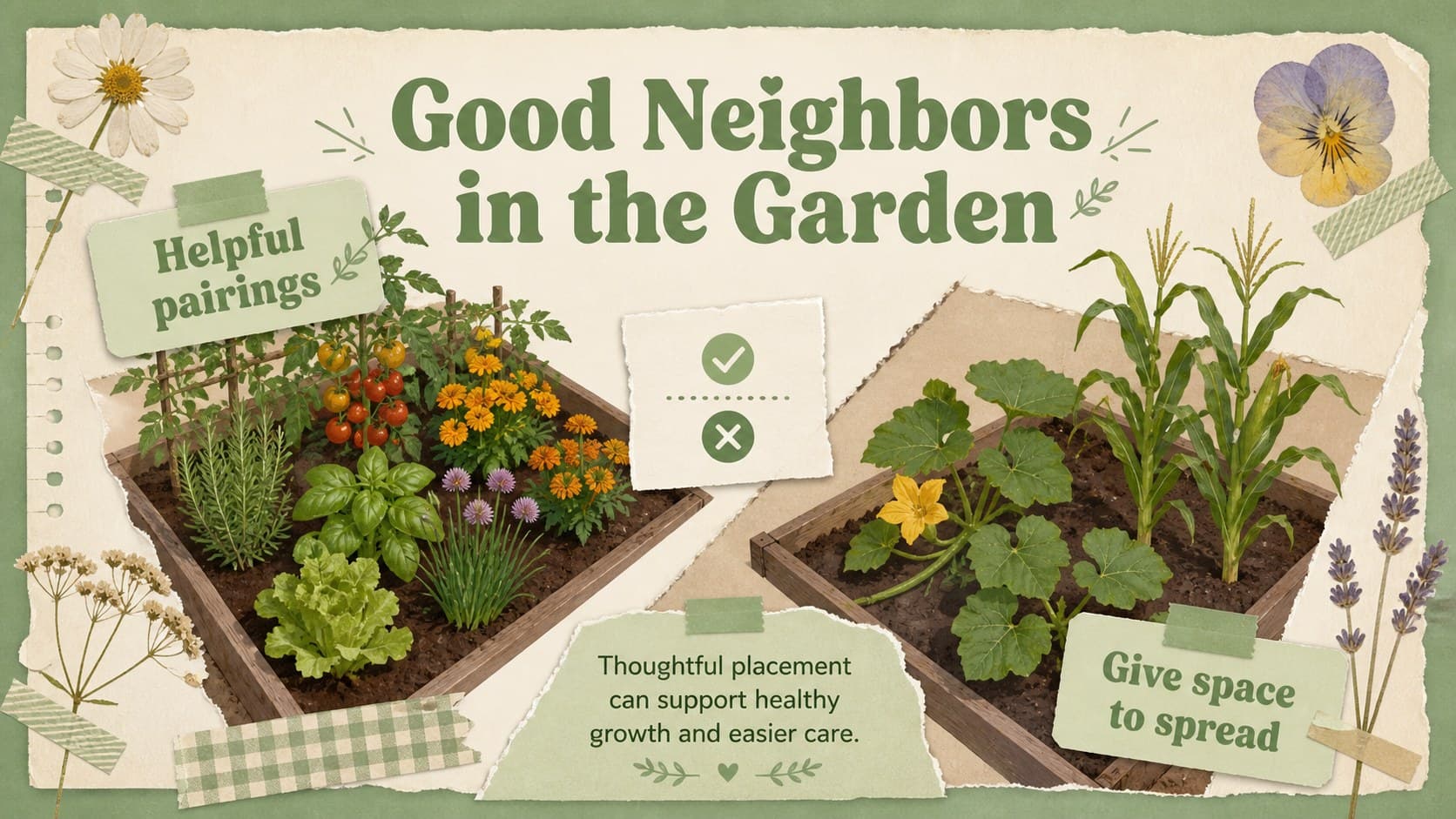 Companion planting slide comparing helpful plant pairings with hand-drawn botanical details.