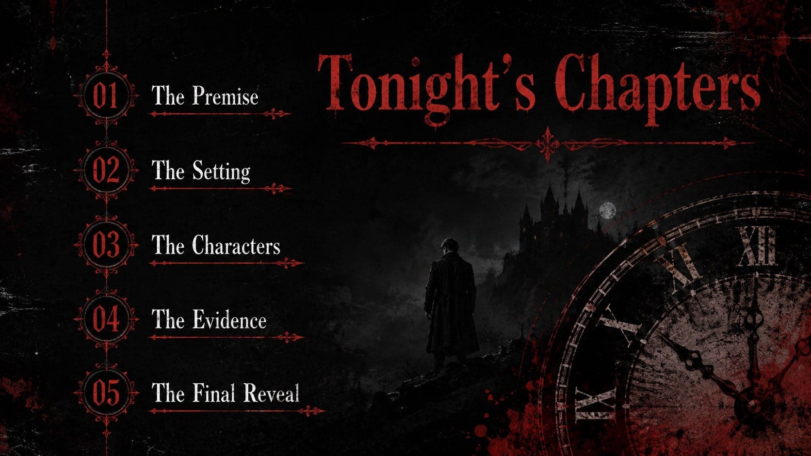 Gothic horror presentation agenda featuring five story chapters on a weathered black and crimson layout.