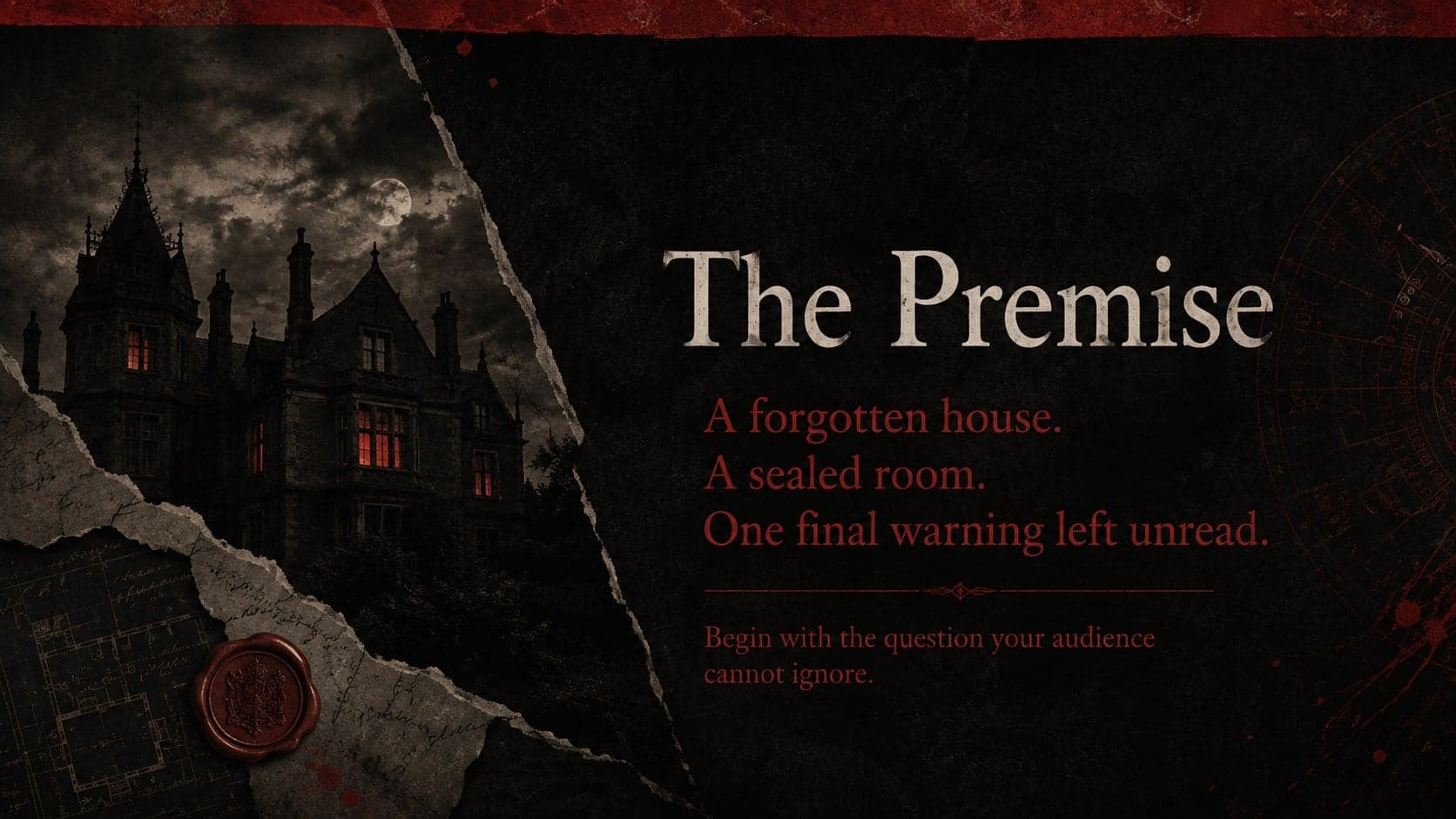 Black and red horror presentation template slide introducing an unsettling story premise.
